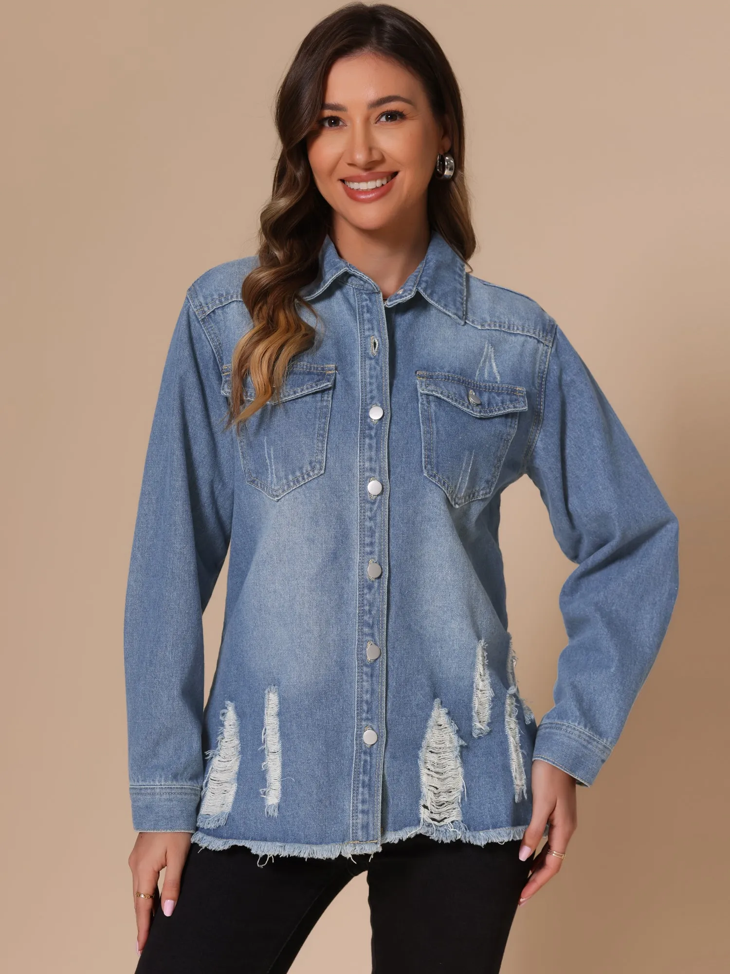 Denim Frayed Hem Pockets Button Down Jean Jacket