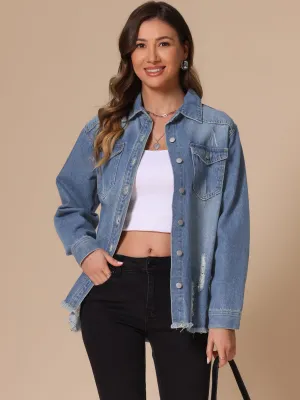 Denim Frayed Hem Pockets Button Down Jean Jacket