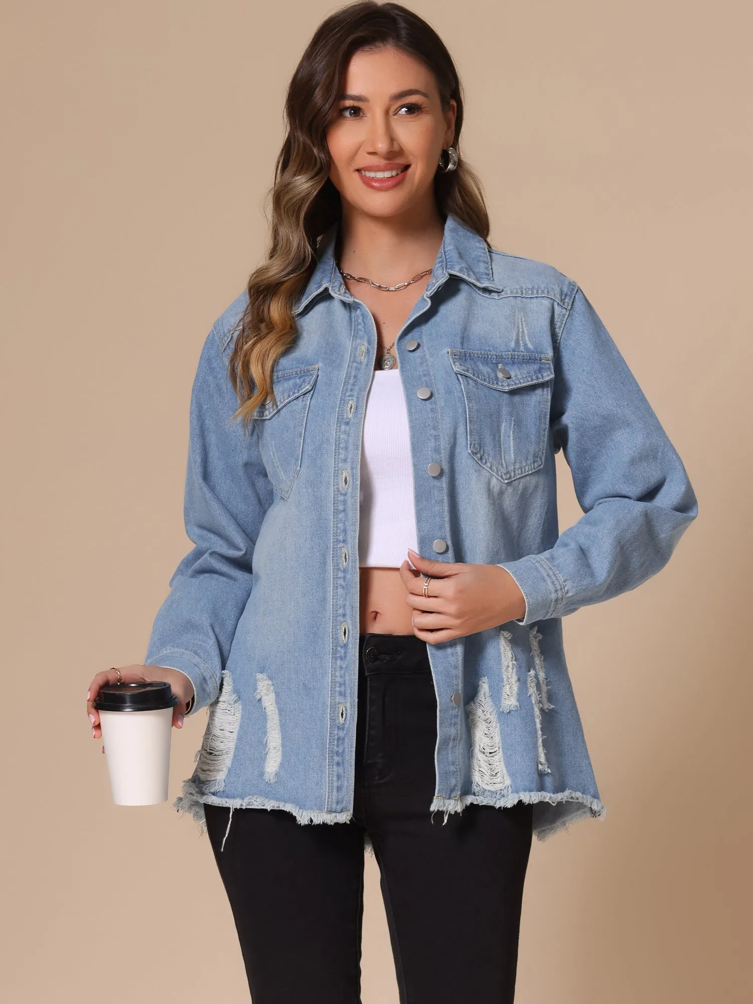 Denim Frayed Hem Pockets Button Down Jean Jacket