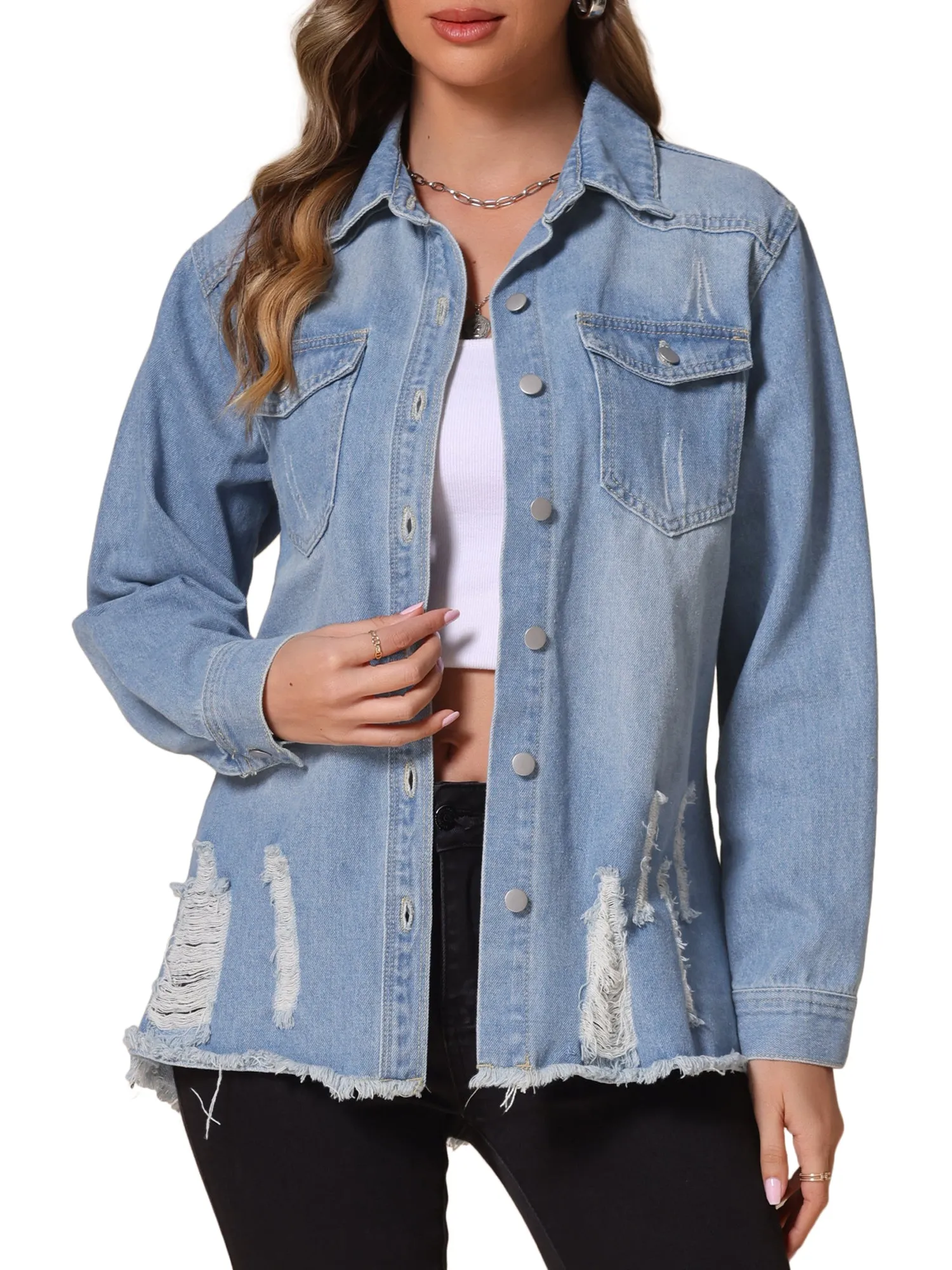 Denim Frayed Hem Pockets Button Down Jean Jacket