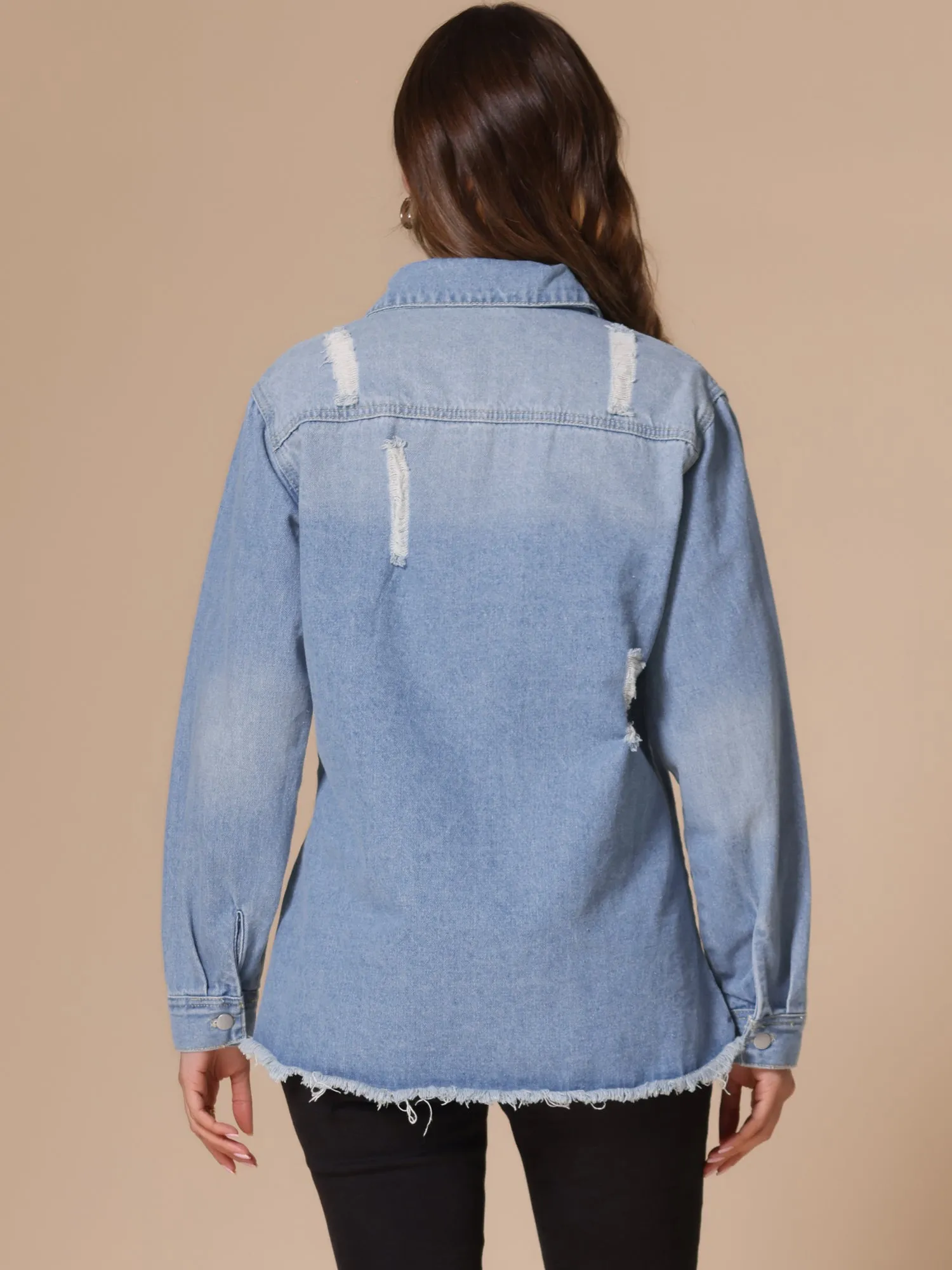 Denim Frayed Hem Pockets Button Down Jean Jacket