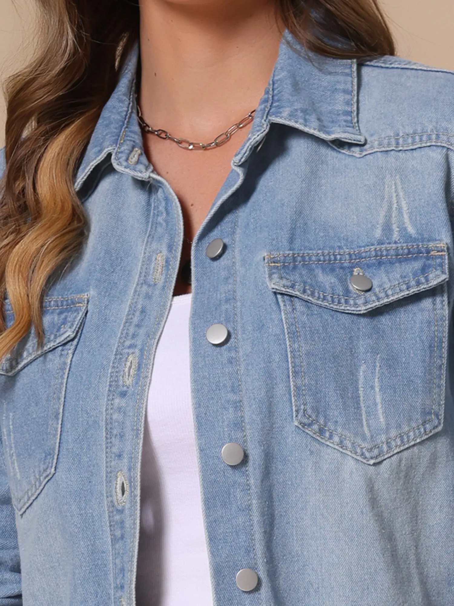 Denim Frayed Hem Pockets Button Down Jean Jacket