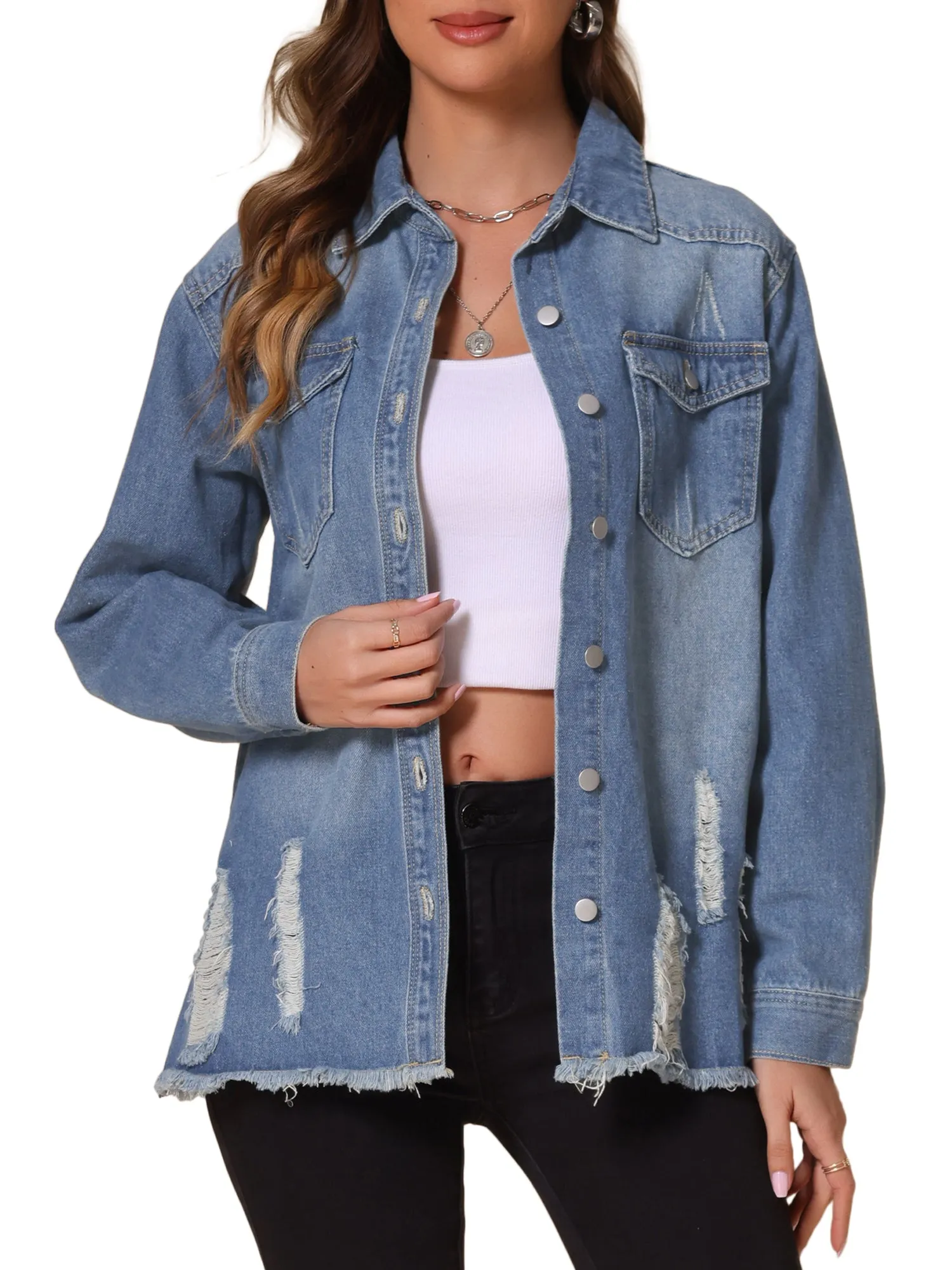 Denim Frayed Hem Pockets Button Down Jean Jacket