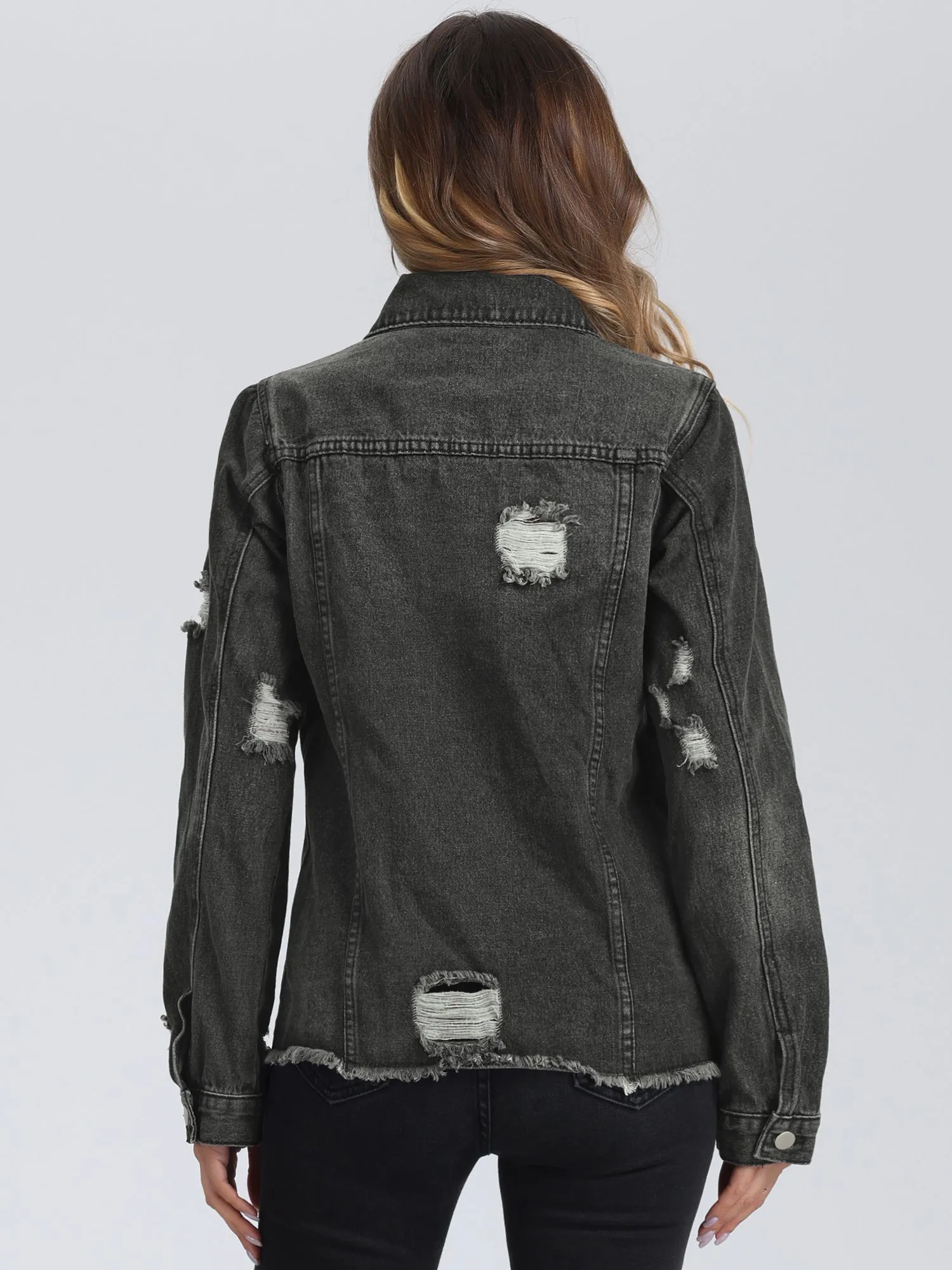 Denim Frayed Washed Pockets Button Down Jean Jacket