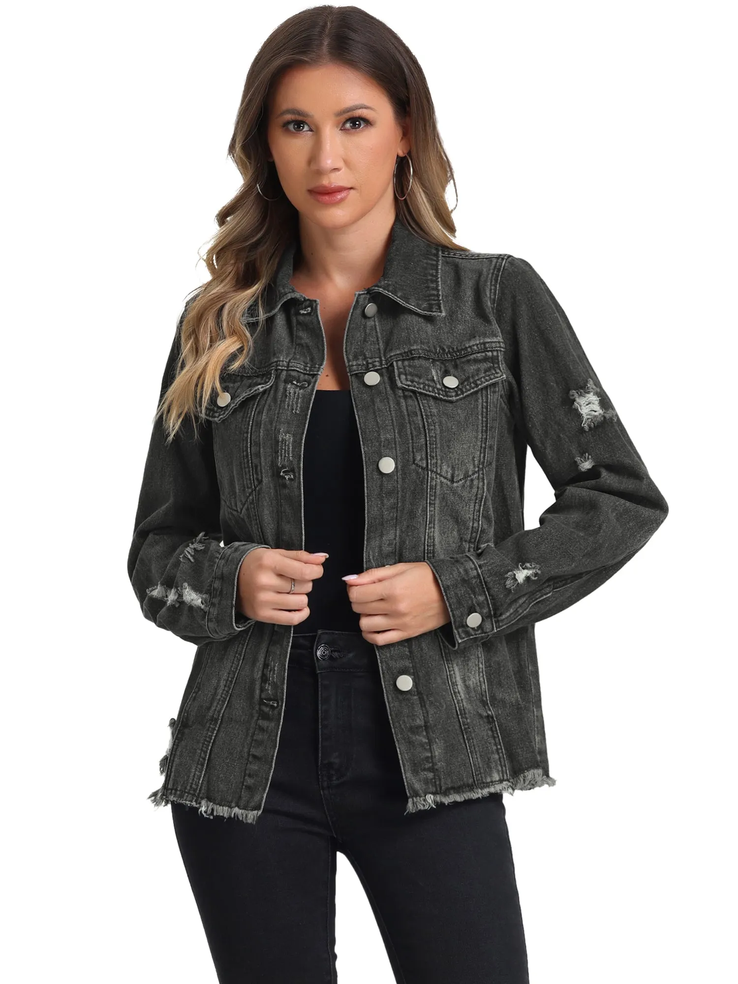 Denim Frayed Washed Pockets Button Down Jean Jacket