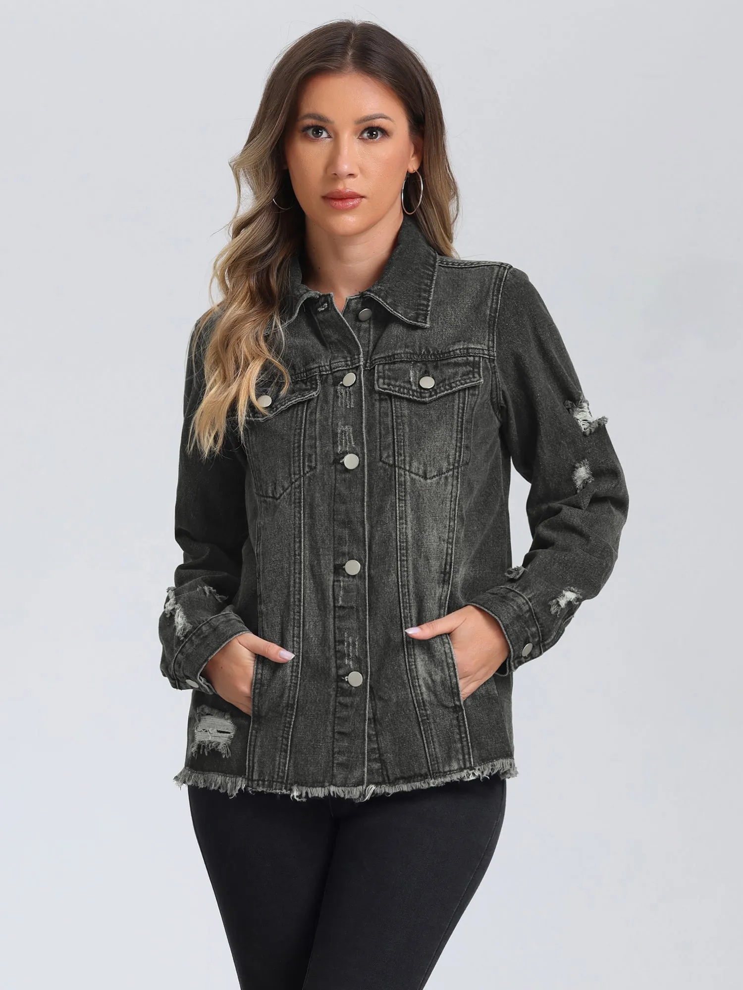 Denim Frayed Washed Pockets Button Down Jean Jacket