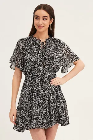 Ditsy Print Flutter Sleeve Tiered Dress