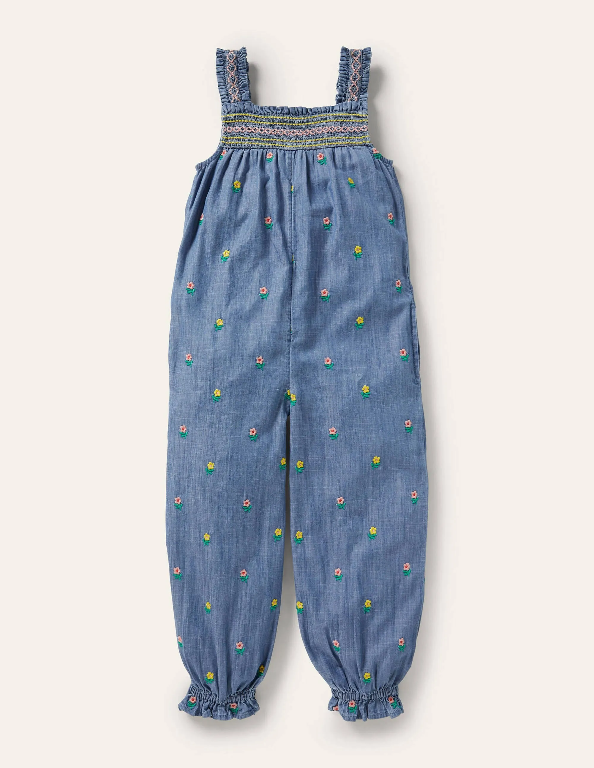 Embroidered Smock Dungarees-Chambray Floral