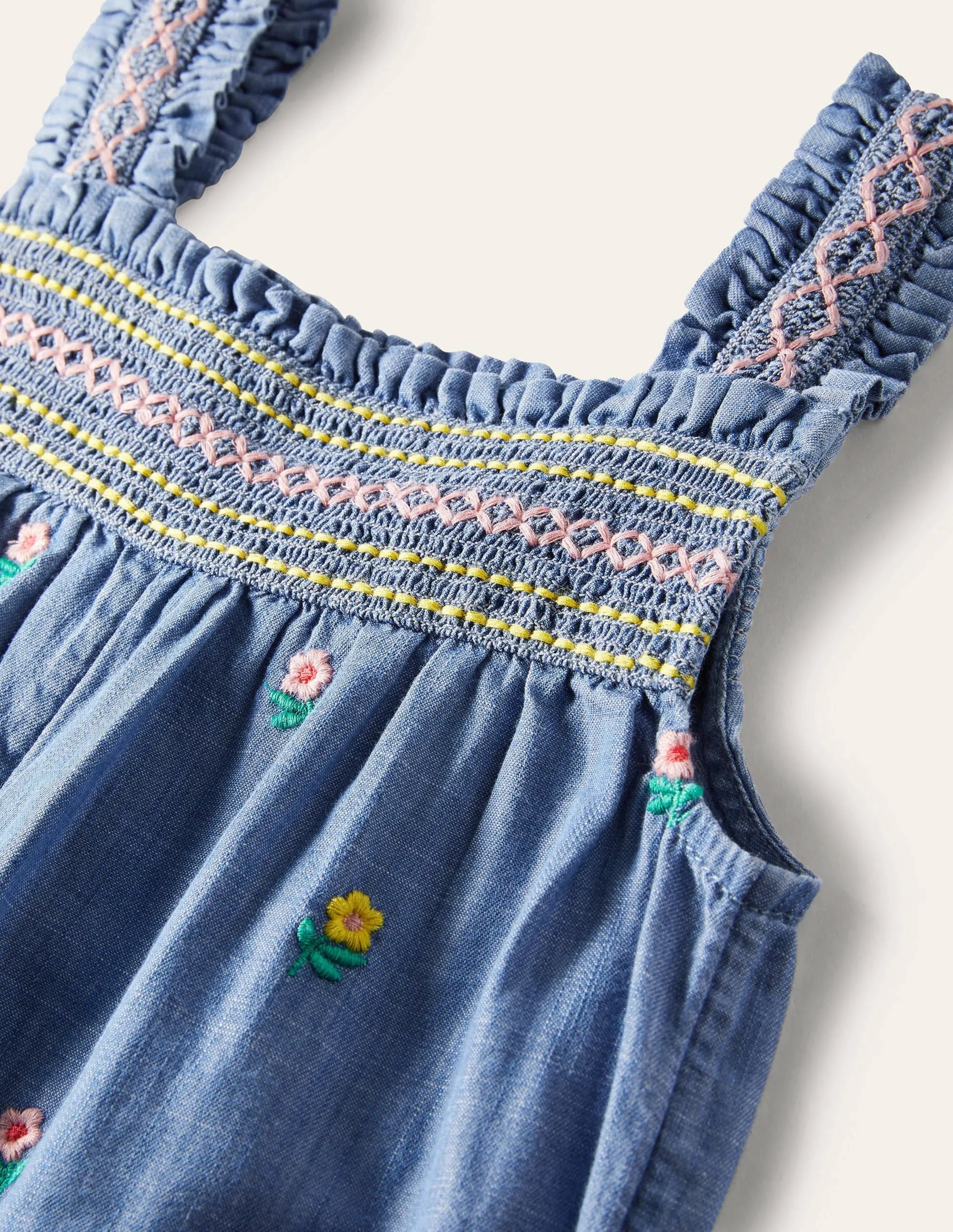 Embroidered Smock Dungarees-Chambray Floral