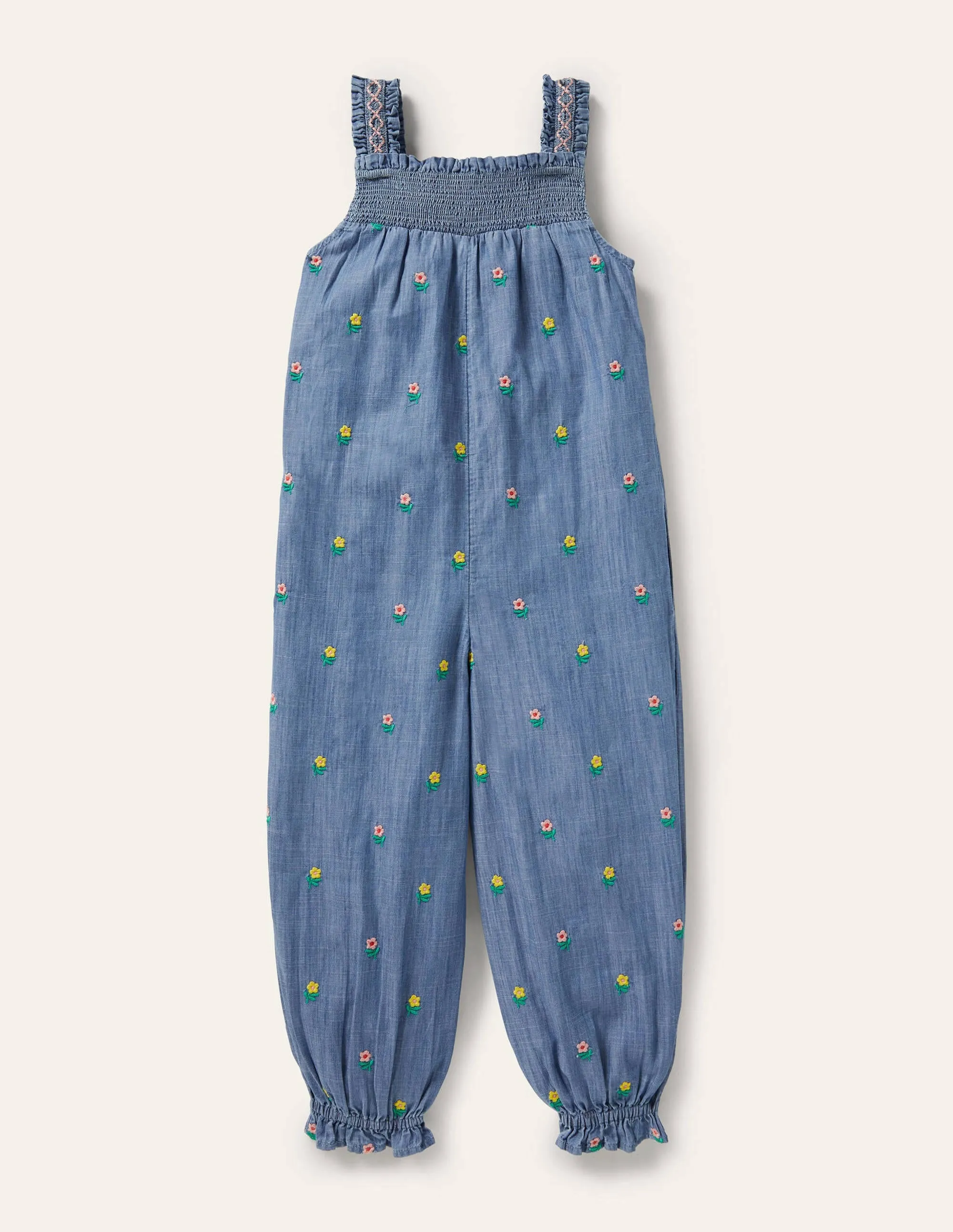 Embroidered Smock Dungarees-Chambray Floral