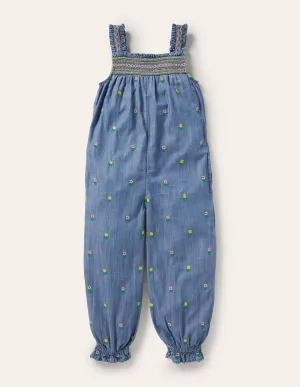 Embroidered Smock Dungarees-Chambray Floral