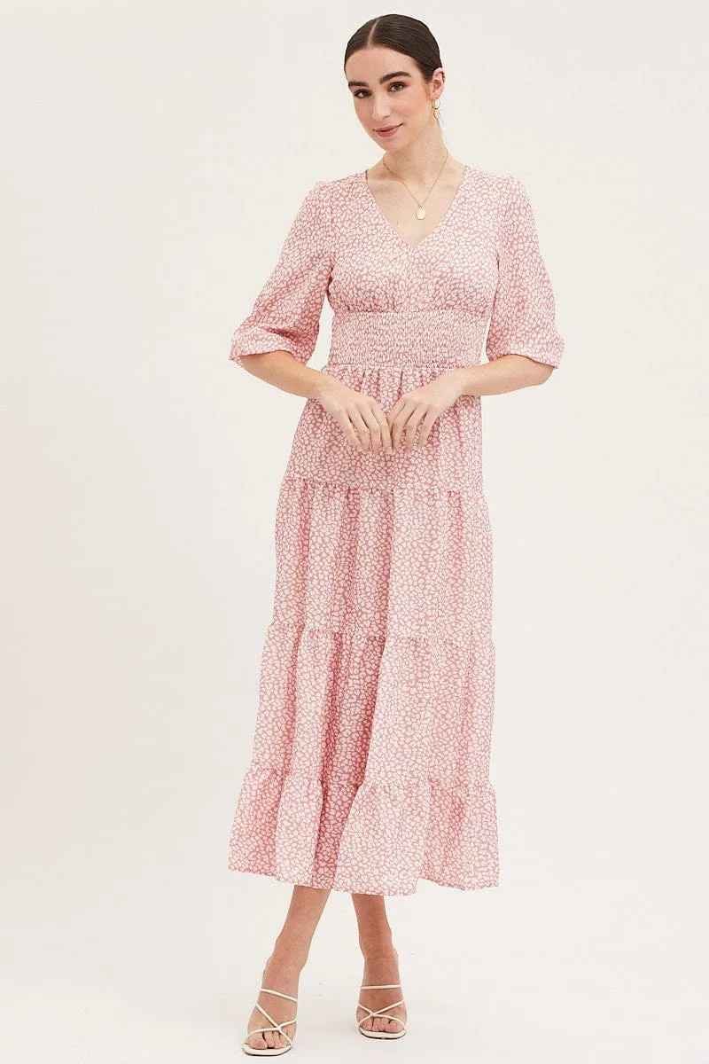 Geo Print Maxi Dress Long Sleeve V Neck