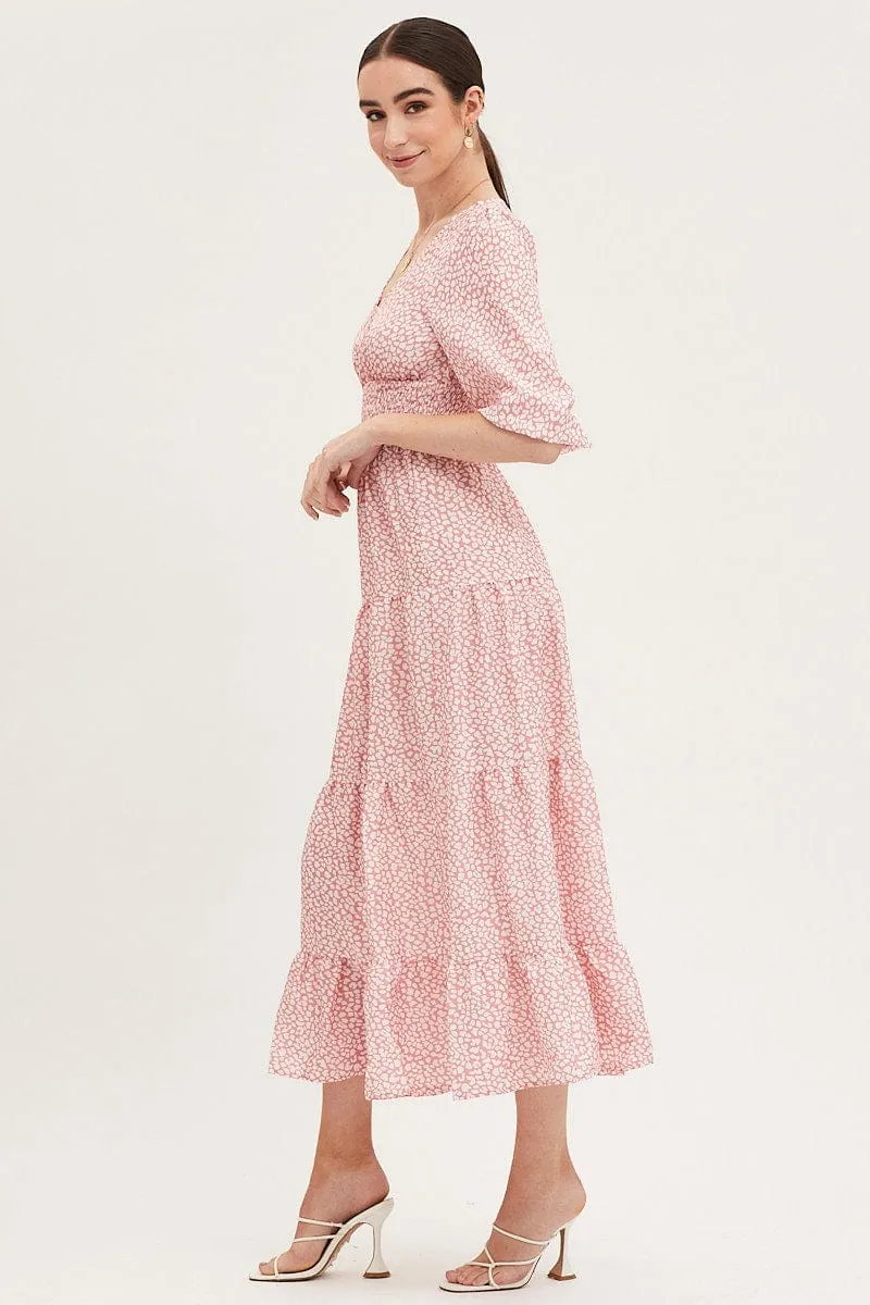 Geo Print Maxi Dress Long Sleeve V Neck
