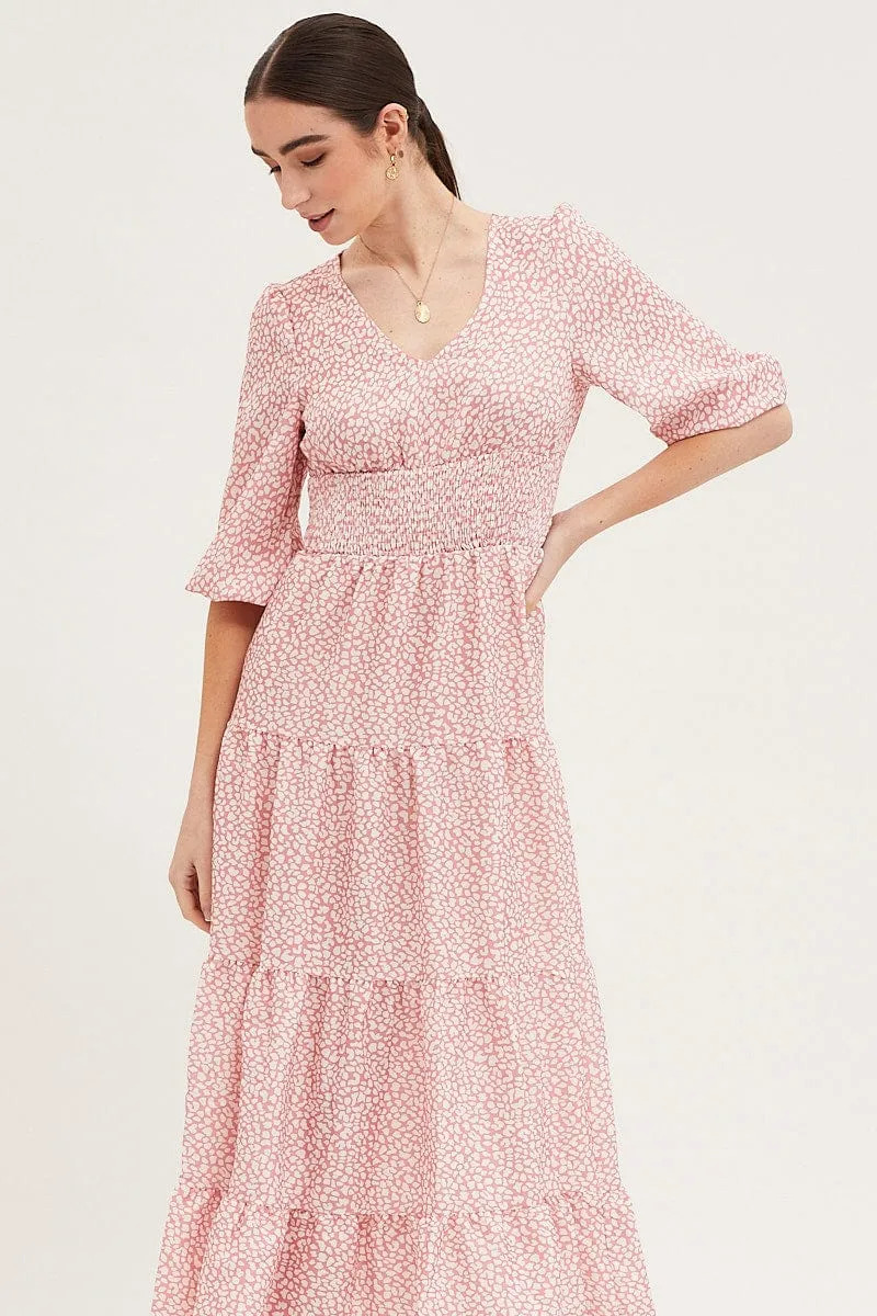 Geo Print Maxi Dress Long Sleeve V Neck