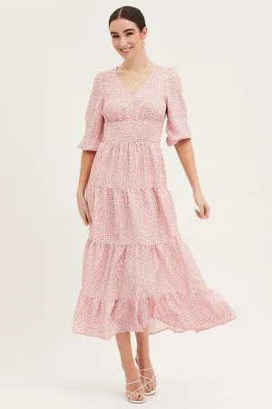 Geo Print Maxi Dress Long Sleeve V Neck