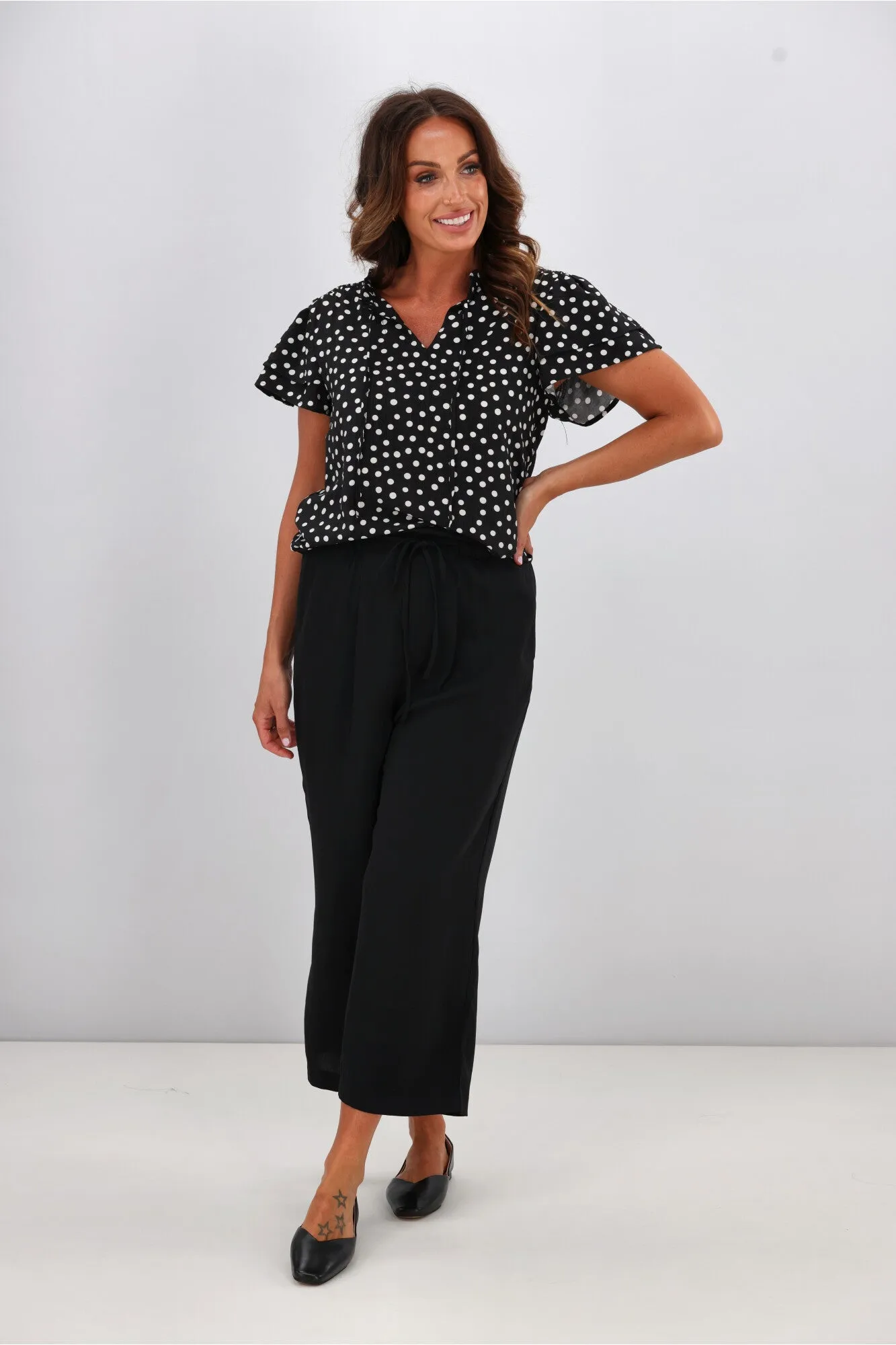 Gloss by Shine On Aspen Frill Sleeve Blouse Black Polka Dot