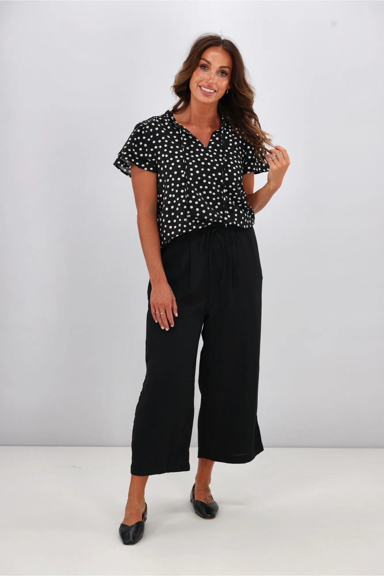 Gloss by Shine On Aspen Frill Sleeve Blouse Black Polka Dot