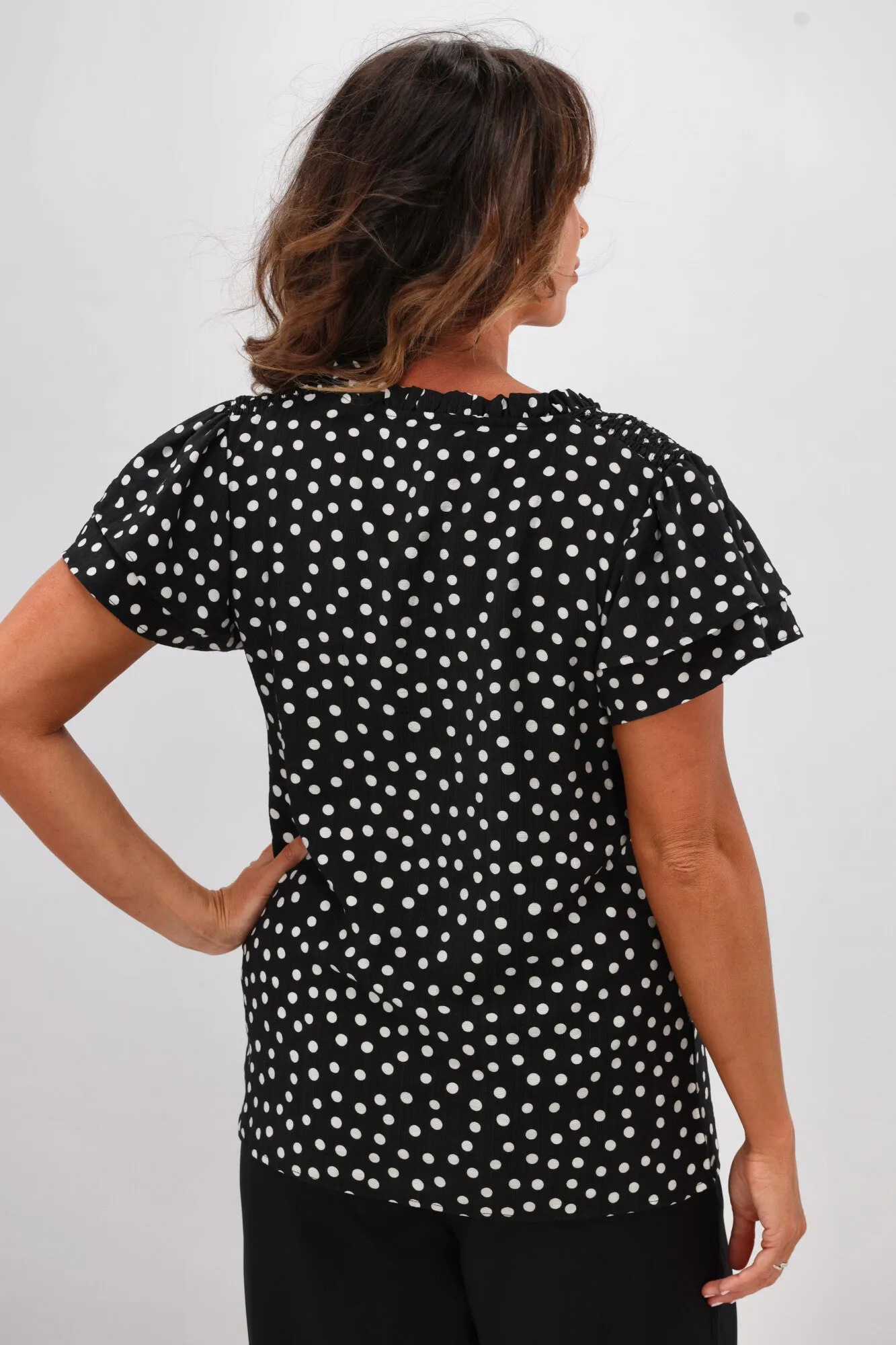 Gloss by Shine On Aspen Frill Sleeve Blouse Black Polka Dot
