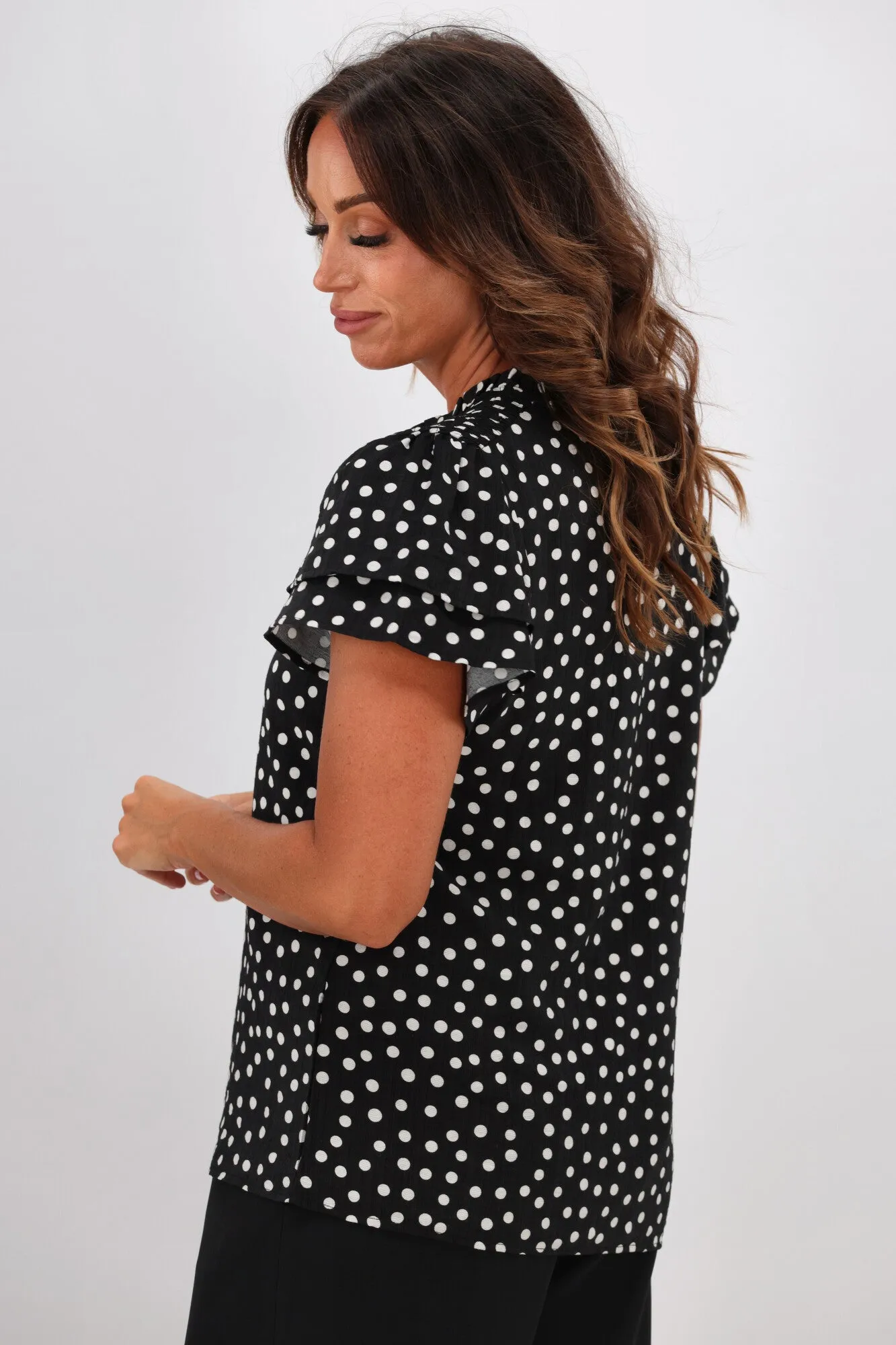 Gloss by Shine On Aspen Frill Sleeve Blouse Black Polka Dot