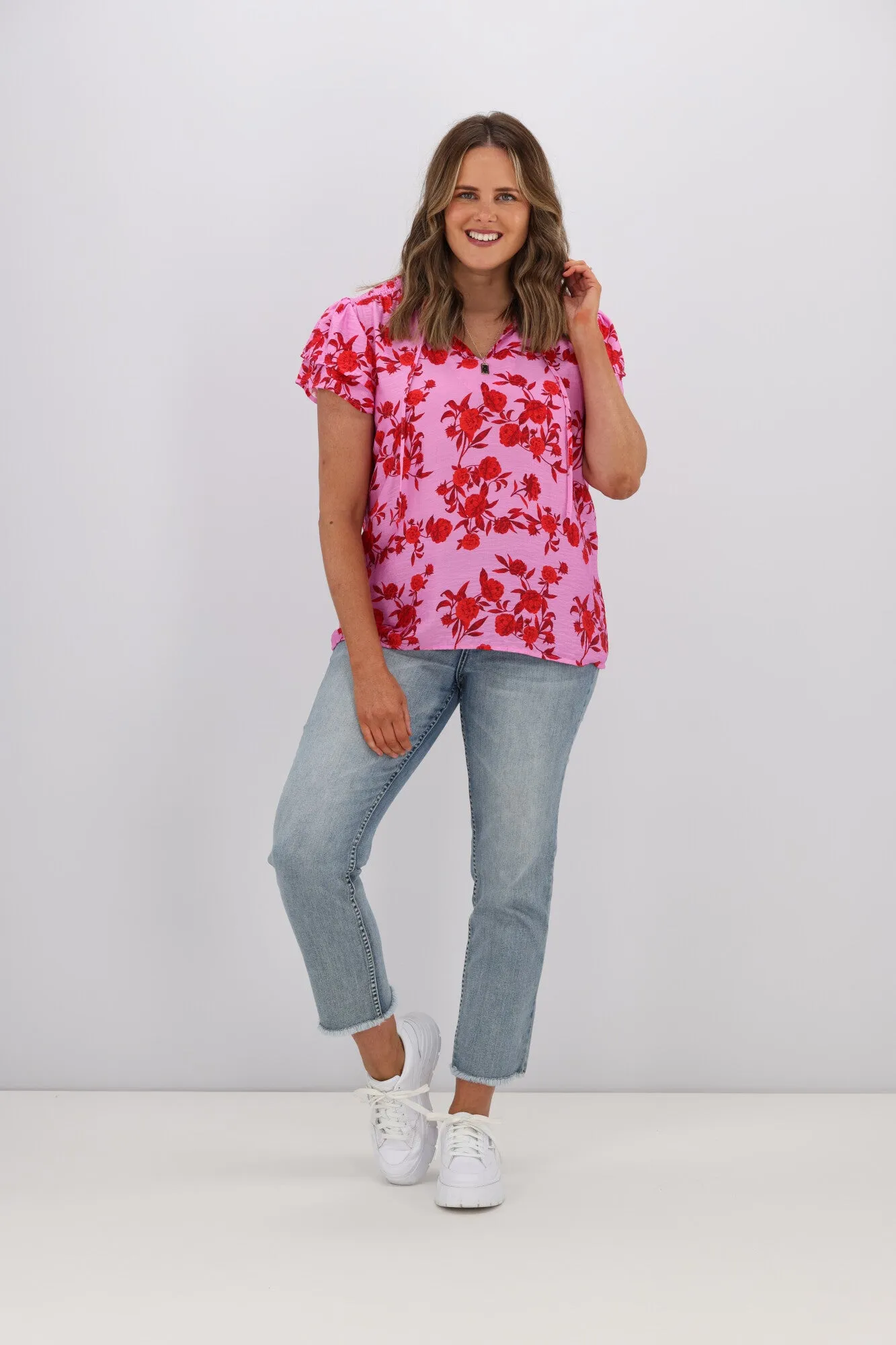 Gloss by Shine On Aspen Frill Sleeve Blouse Red Pink Floral