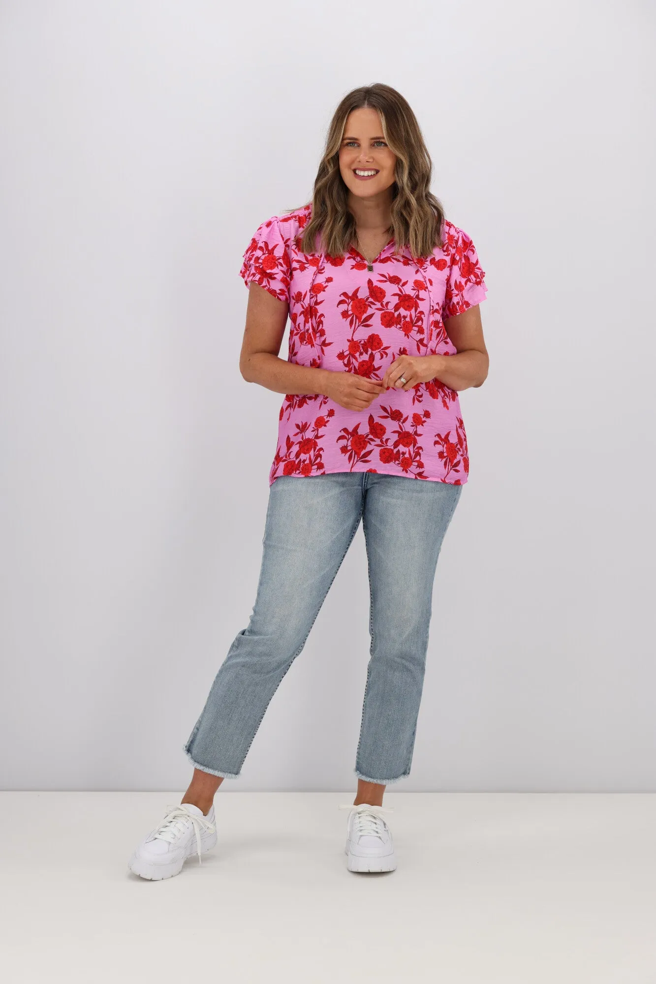 Gloss by Shine On Aspen Frill Sleeve Blouse Red Pink Floral