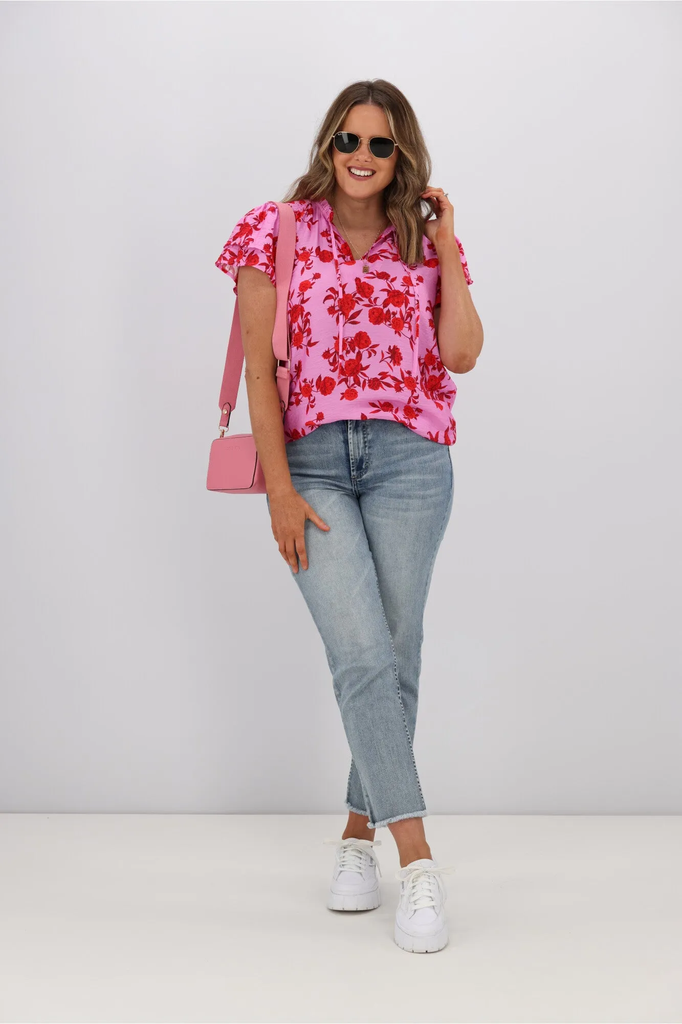 Gloss by Shine On Aspen Frill Sleeve Blouse Red Pink Floral