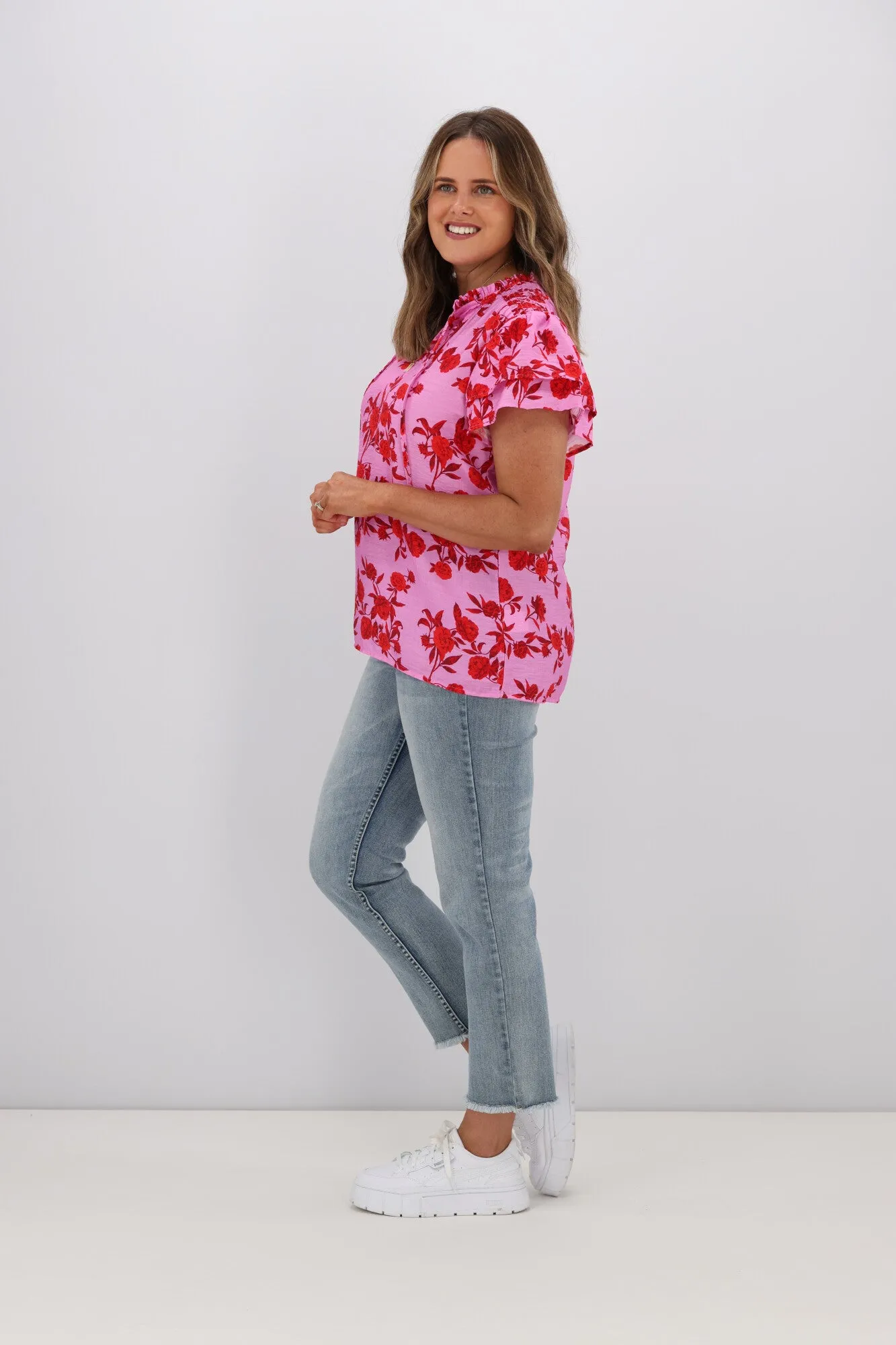 Gloss by Shine On Aspen Frill Sleeve Blouse Red Pink Floral