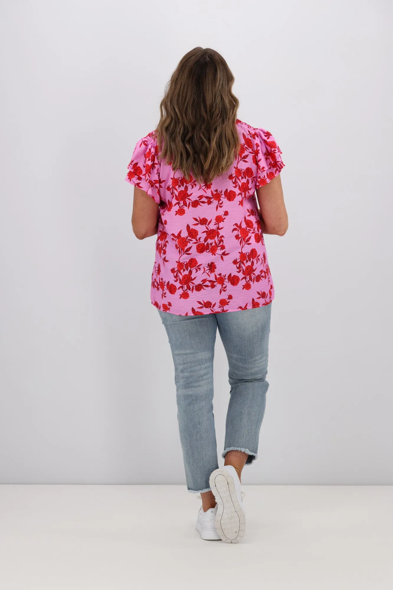 Gloss by Shine On Aspen Frill Sleeve Blouse Red Pink Floral