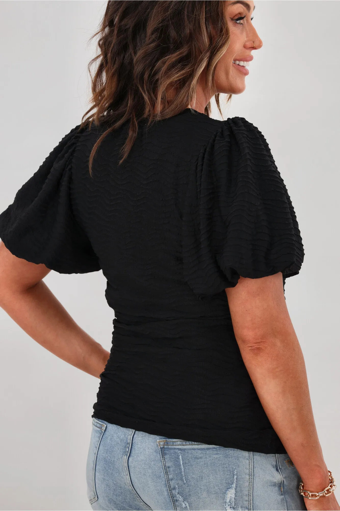 Grace & Co Puff Sleeve Textured Top Black