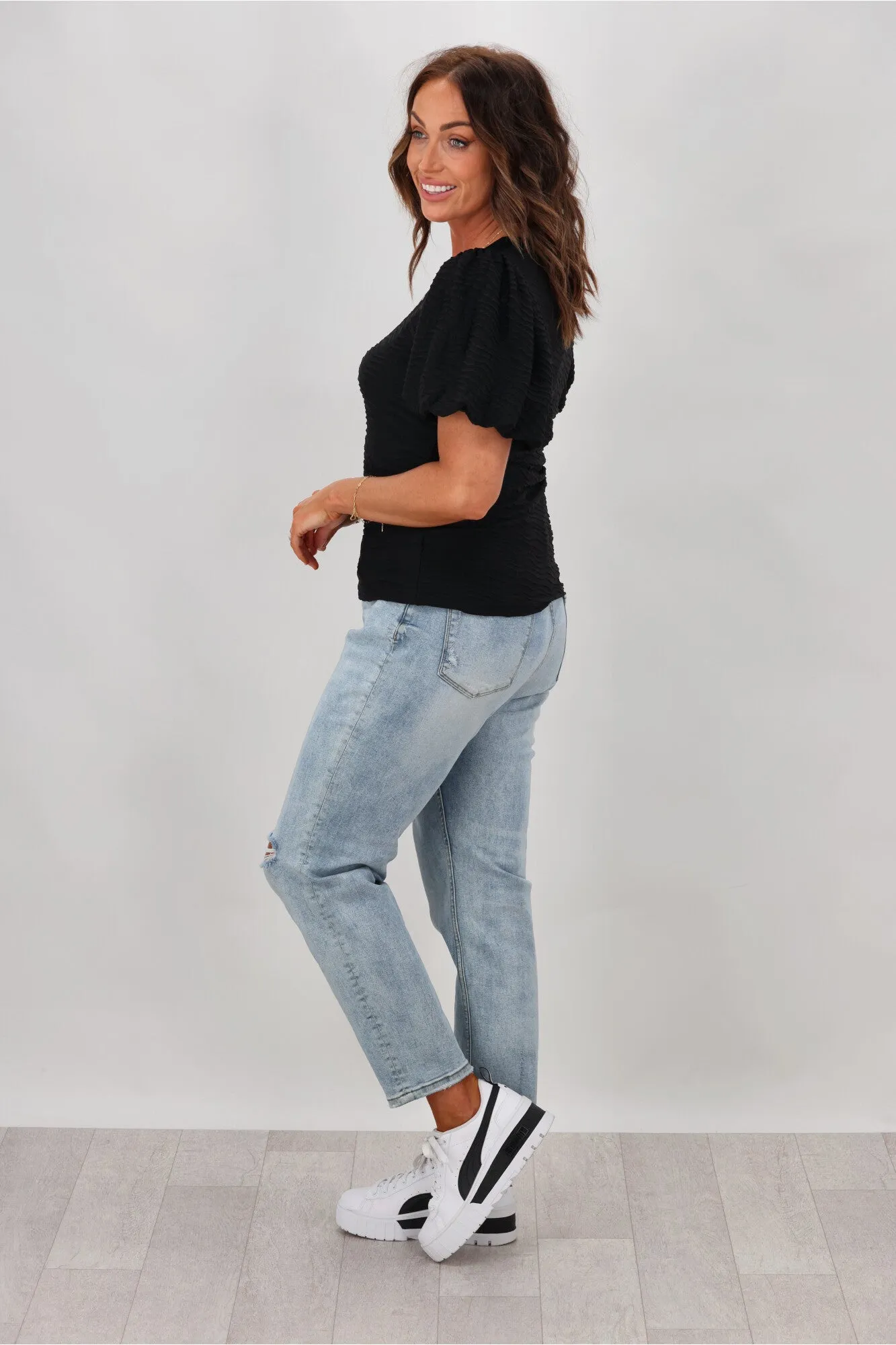 Grace & Co Puff Sleeve Textured Top Black