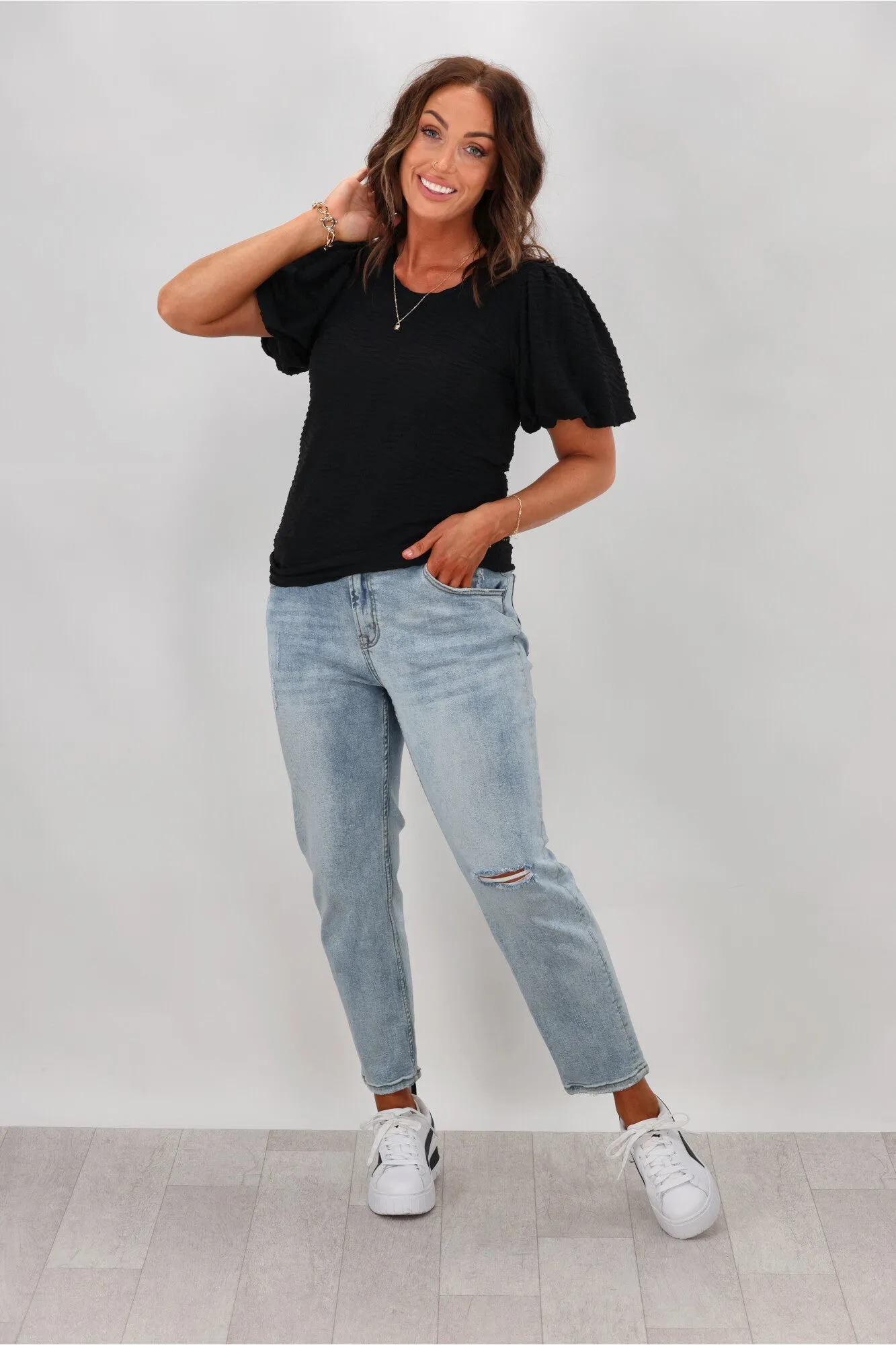 Grace & Co Puff Sleeve Textured Top Black