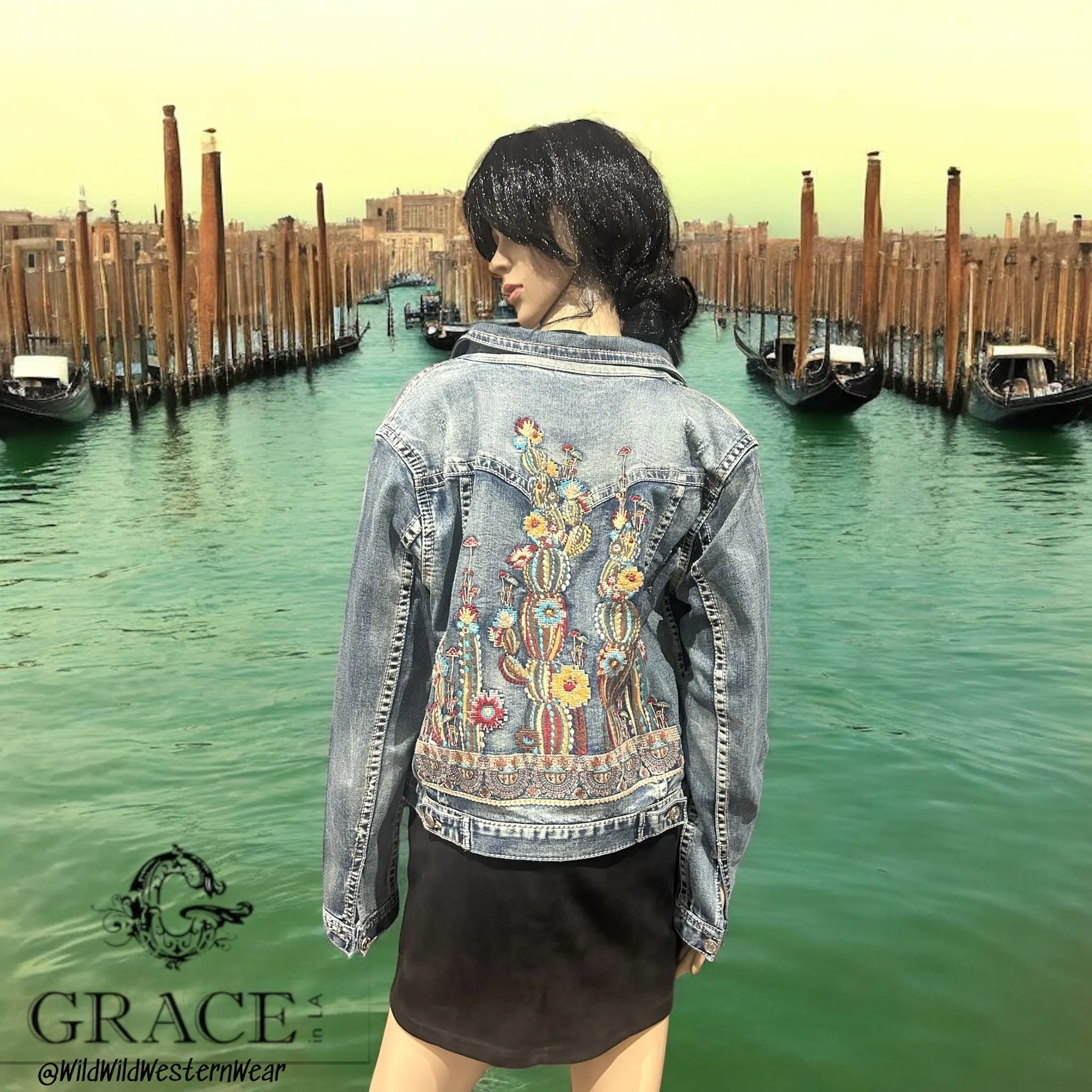 Grace Cactus Embroidered Women's Denim Jacket TE61880
