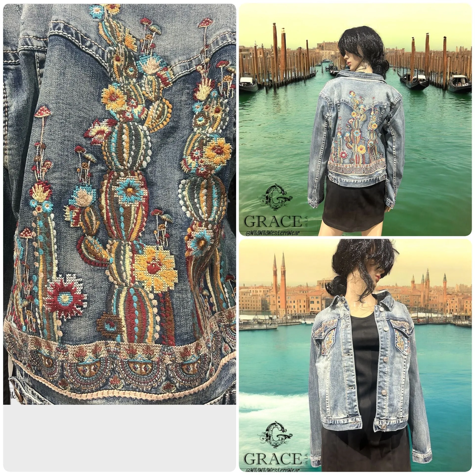 Grace Cactus Embroidered Women's Denim Jacket TE61880