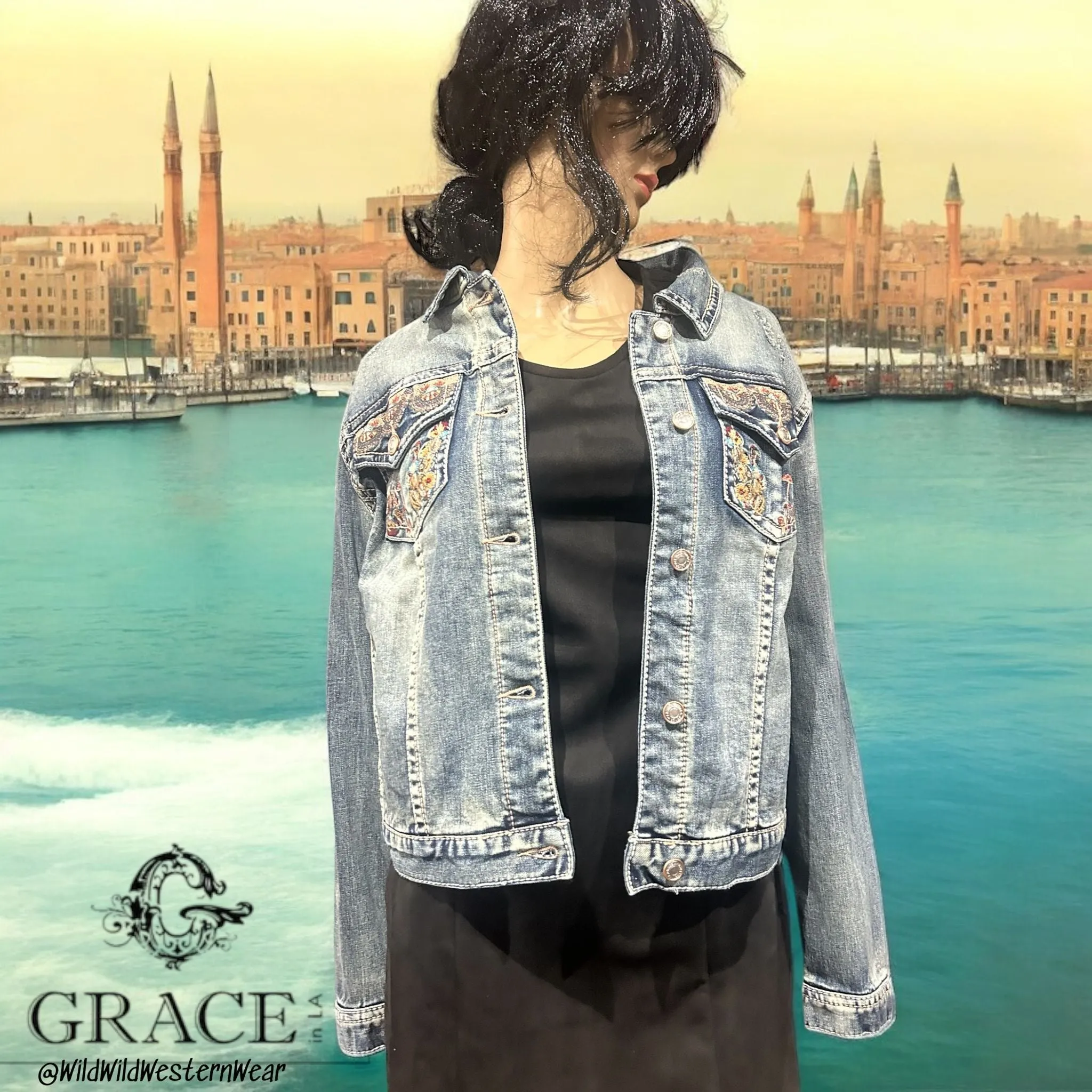 Grace Cactus Embroidered Women's Denim Jacket TE61880