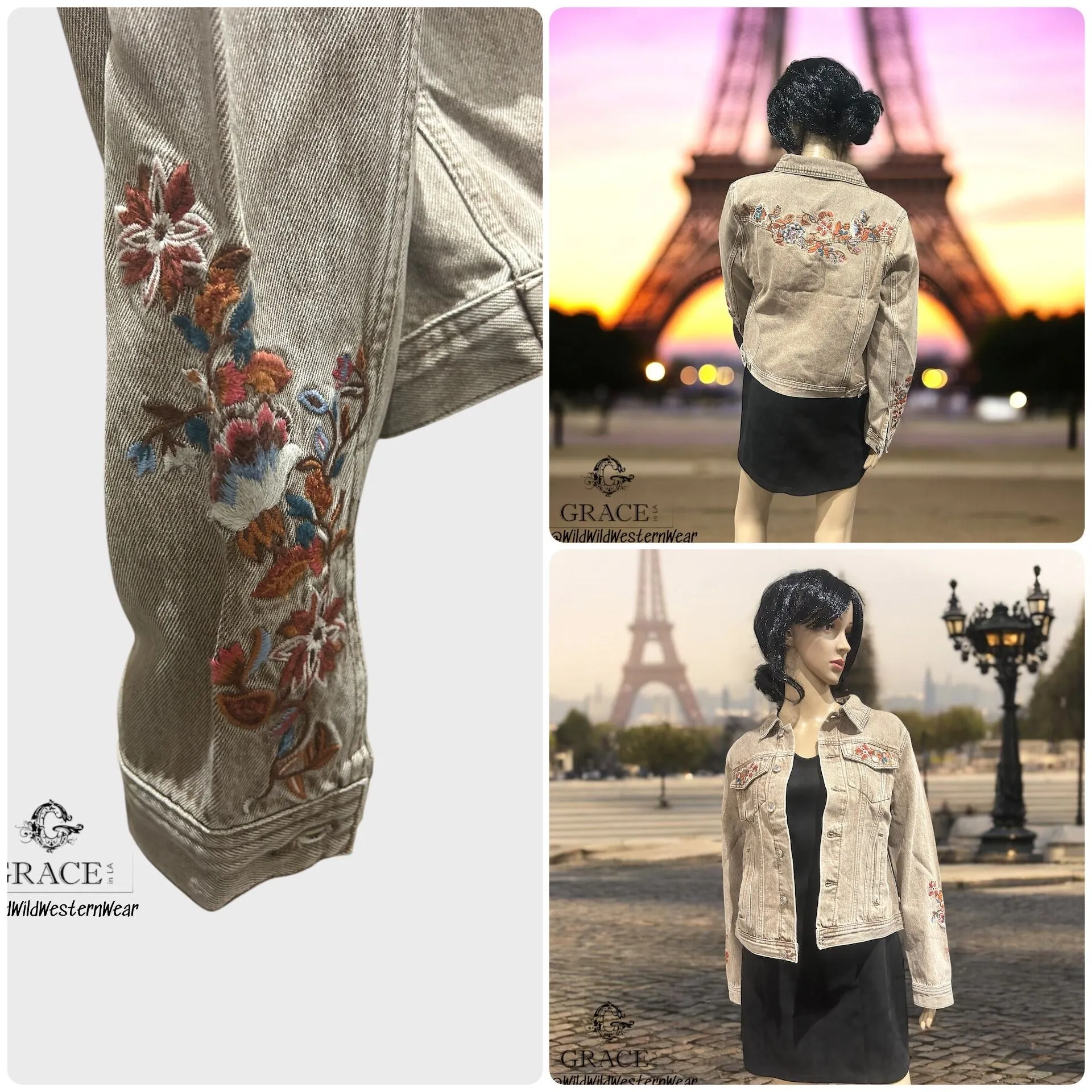 Grace Floral Embroidered Camel Colour Women's Denim Jacket TES778