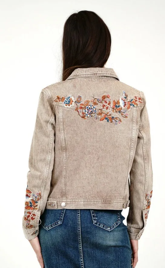 Grace Floral Embroidered Camel Colour Women's Denim Jacket TES778