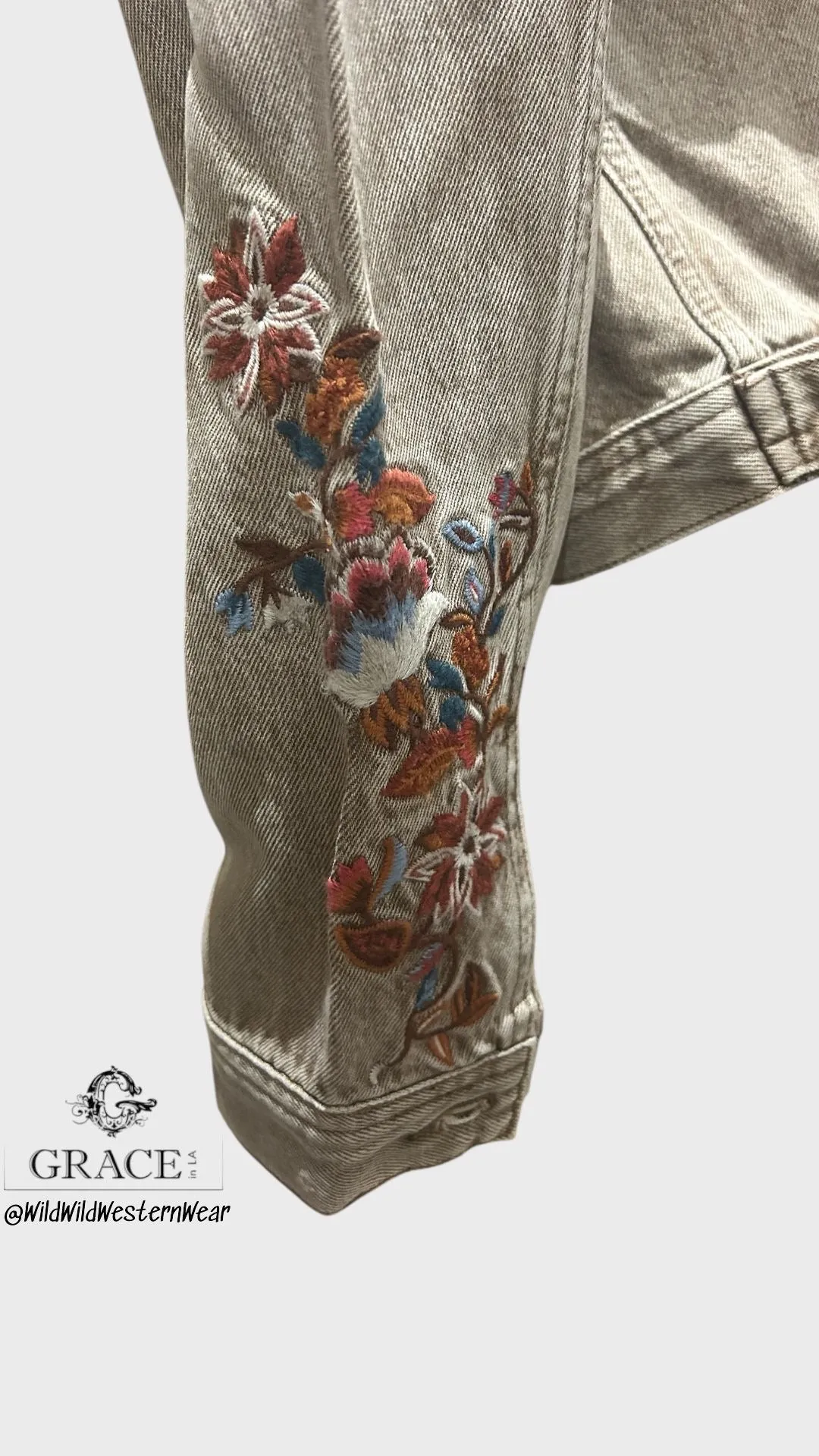 Grace Floral Embroidered Camel Colour Women's Denim Jacket TES778