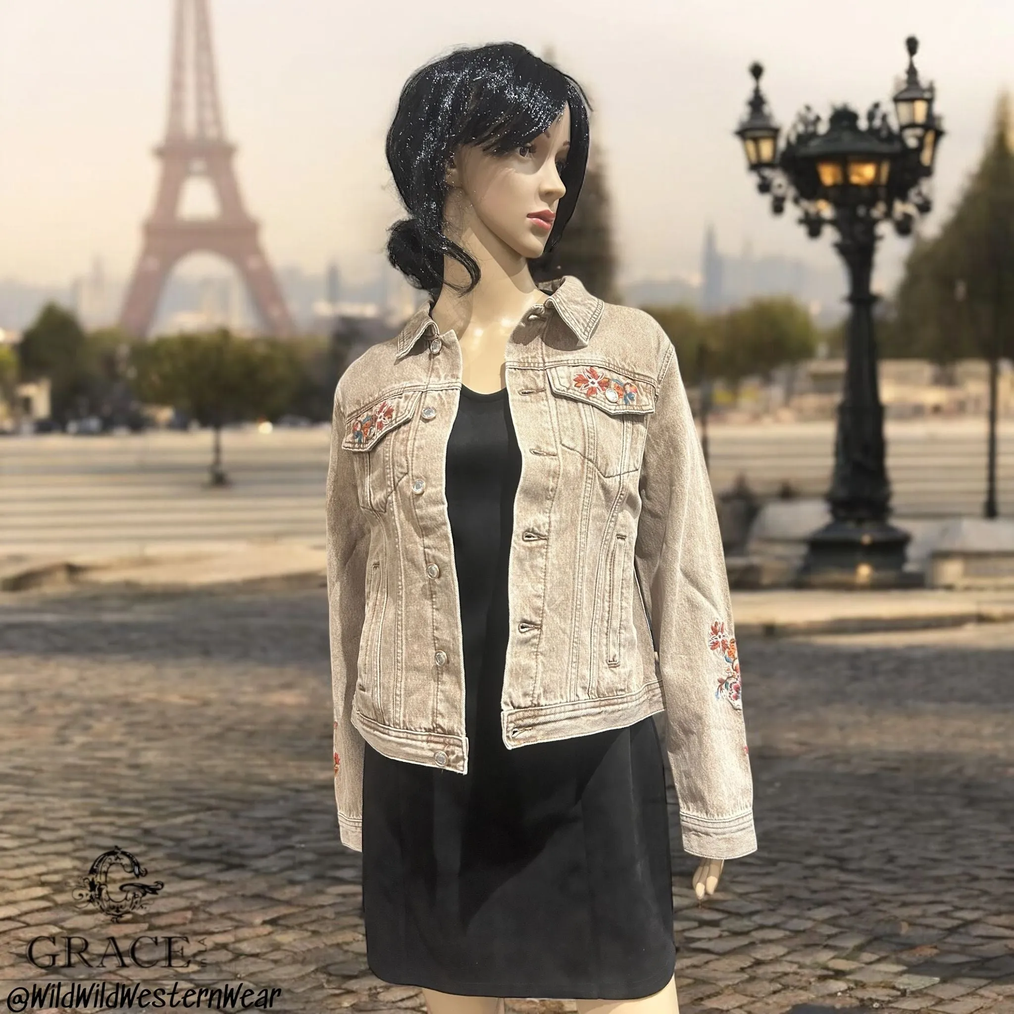 Grace Floral Embroidered Camel Colour Women's Denim Jacket TES778