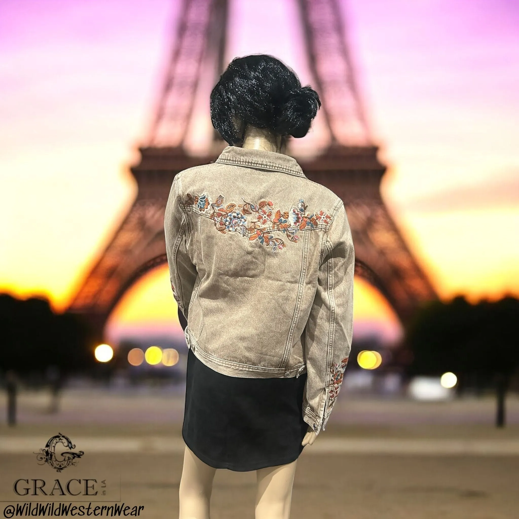 Grace Floral Embroidered Camel Colour Women's Denim Jacket TES778