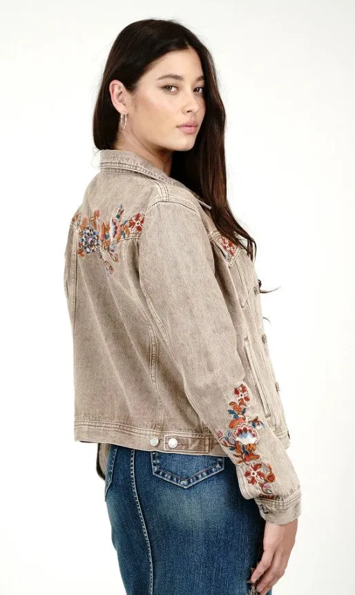 Grace Floral Embroidered Camel Colour Women's Denim Jacket TES778