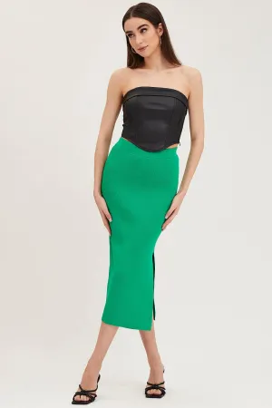 Green Knit Skirt Midi Side Split