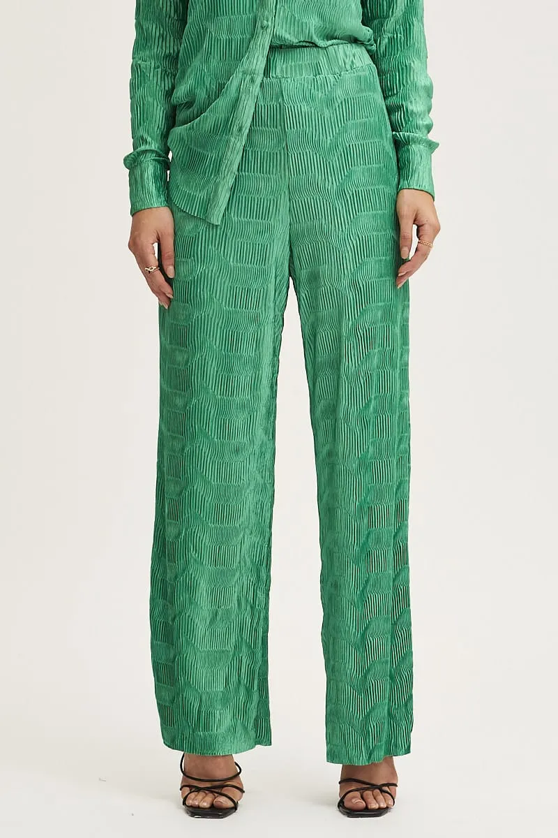 Green Plisse Pants Wide Leg High Rise