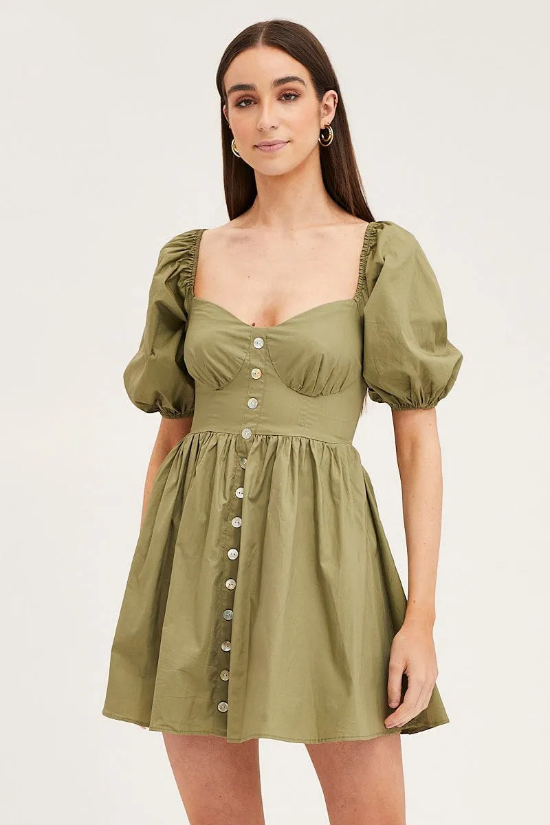 Green Skater Dress Puff Sleeve Mini Sweet Heart Neck