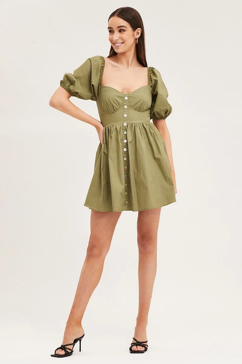 Green Skater Dress Puff Sleeve Mini Sweet Heart Neck