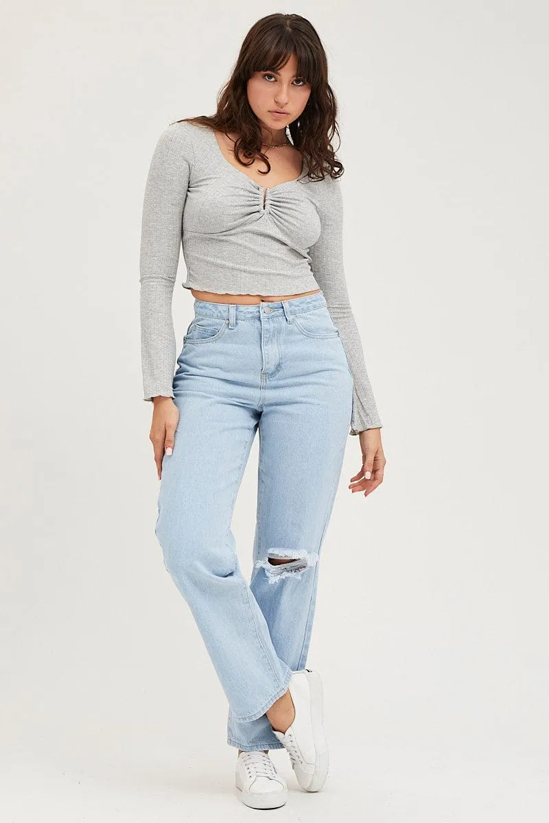 Grey Ring Detail Top Long Sleeve