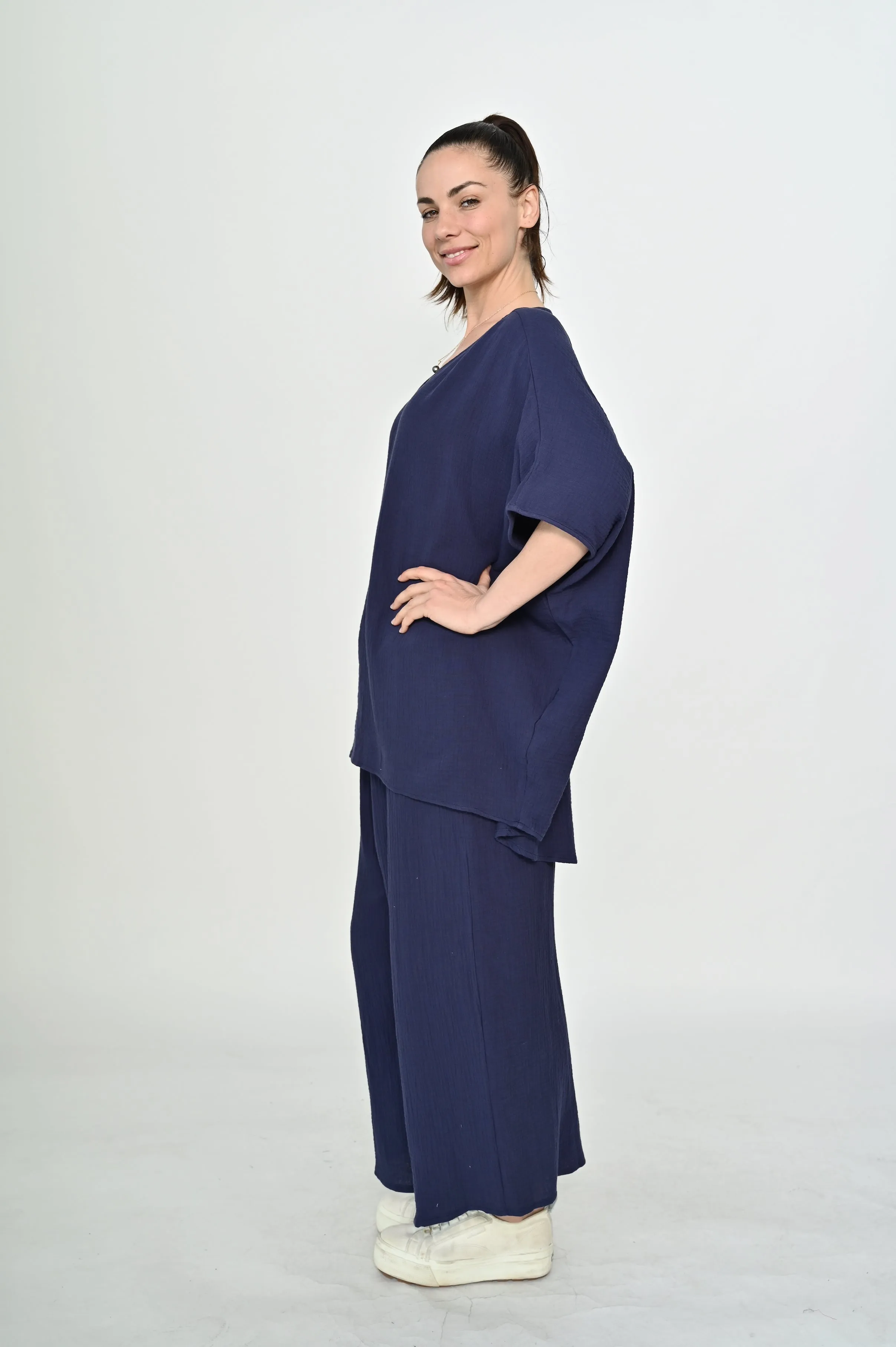 La Mode V-neck Kaftan Style Cotton Top Navy