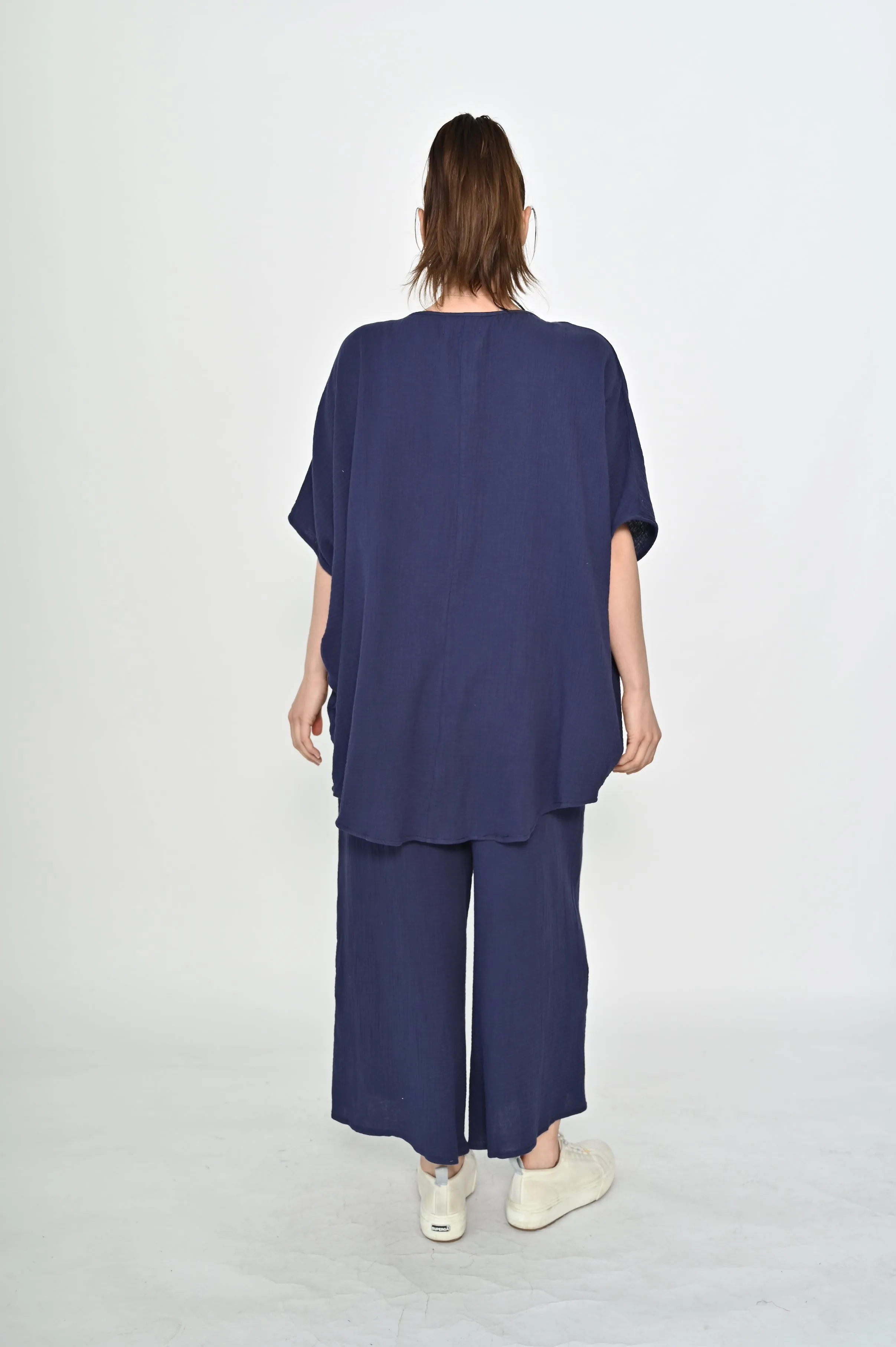 La Mode V-neck Kaftan Style Cotton Top Navy