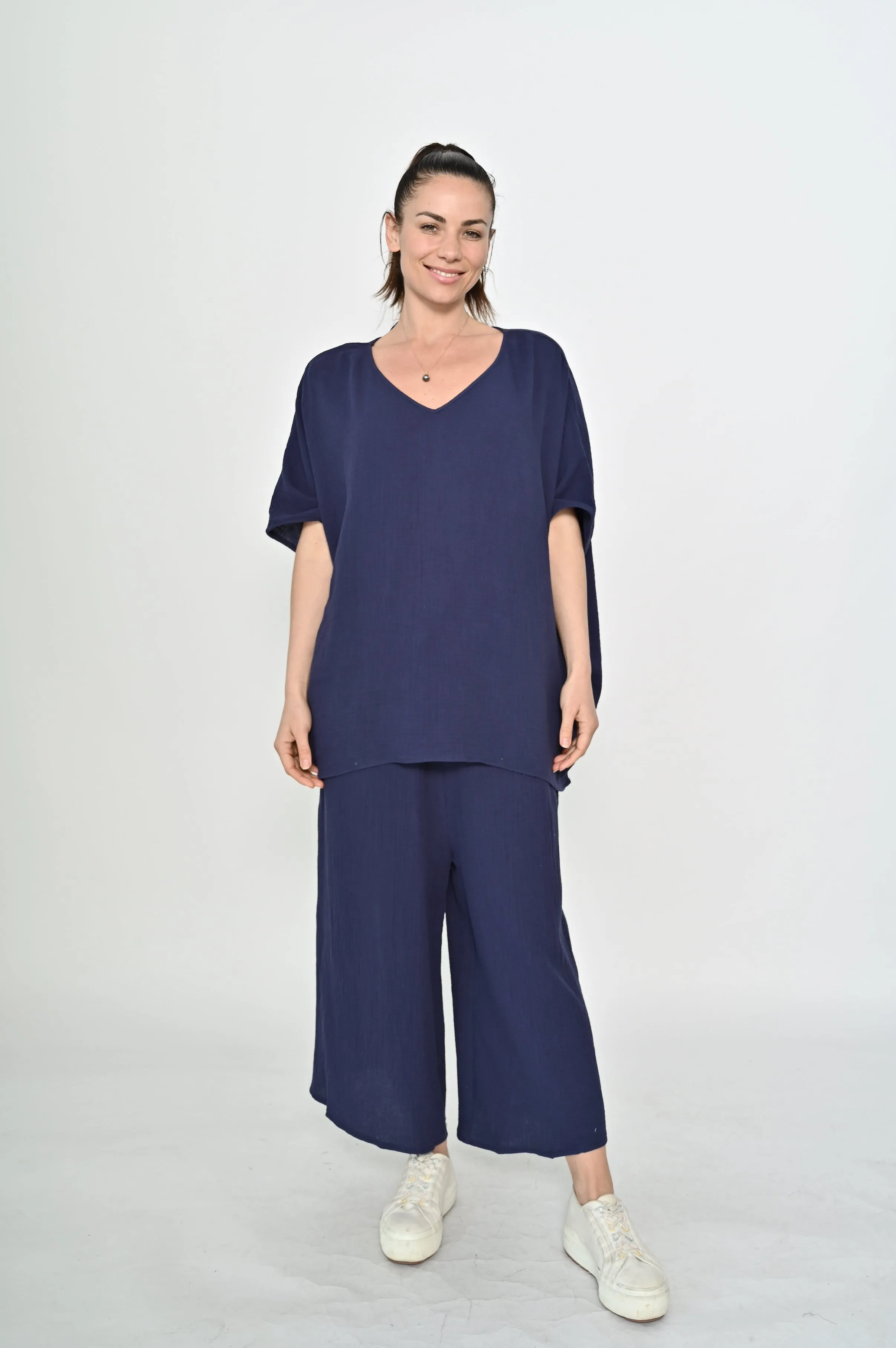 La Mode V-neck Kaftan Style Cotton Top Navy