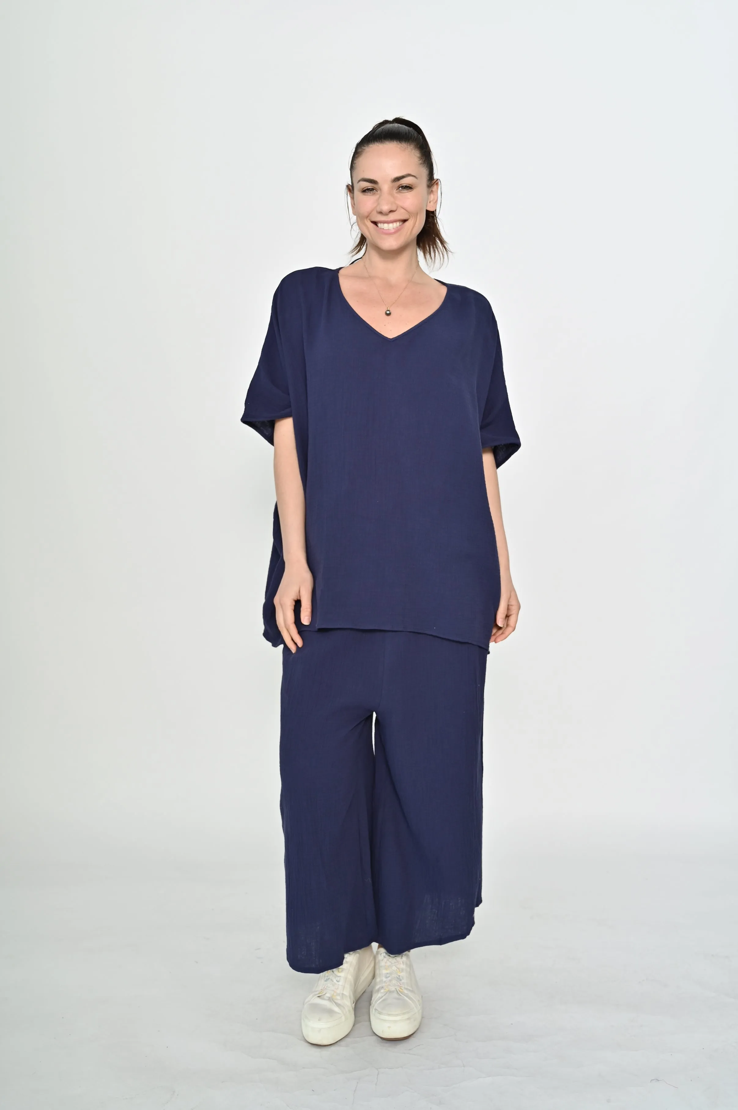 La Mode V-neck Kaftan Style Cotton Top Navy