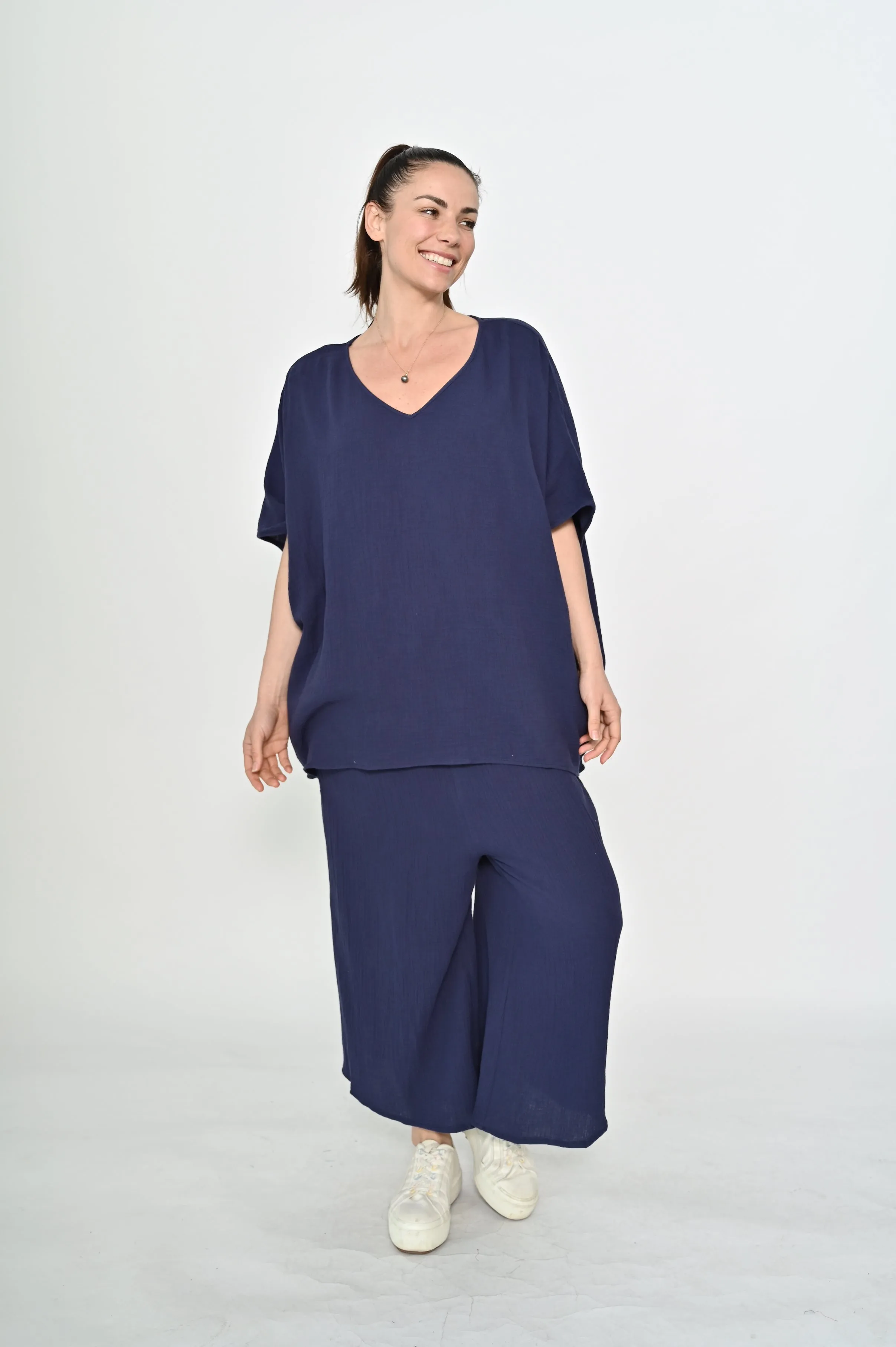 La Mode V-neck Kaftan Style Cotton Top Navy